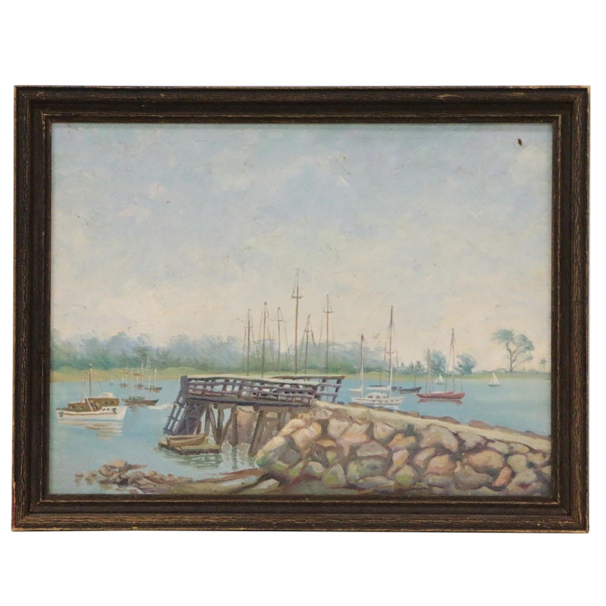Oil Painting of Lake Scene with Pier and Sailboats