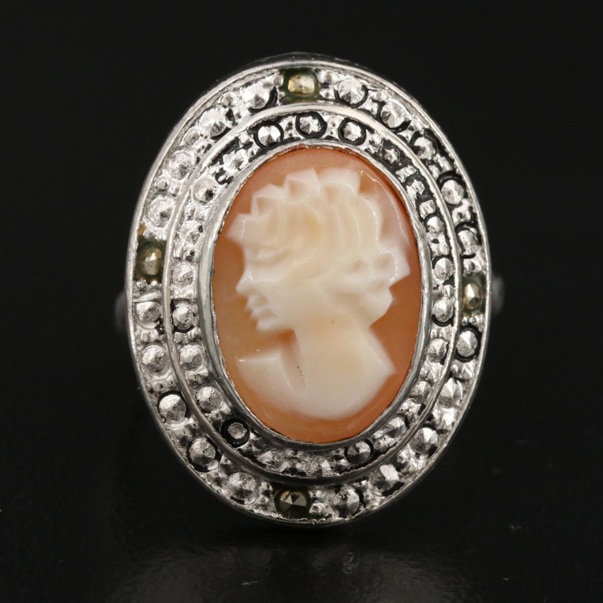 Carved Shell Cameo Ring with Marcasite Accents