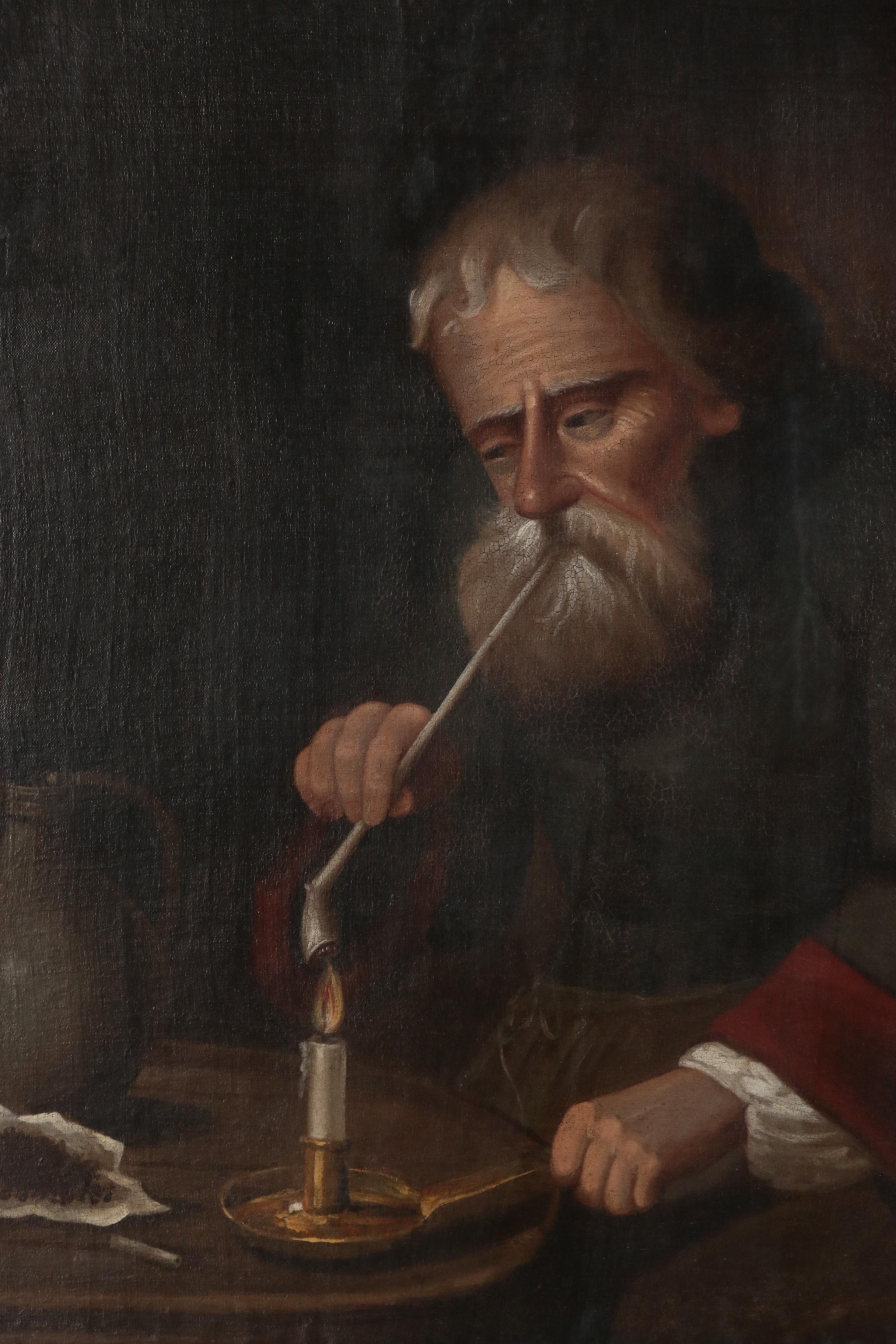 German School Oil Painting of Elderly Man Lighting a Pipe, 19th Century