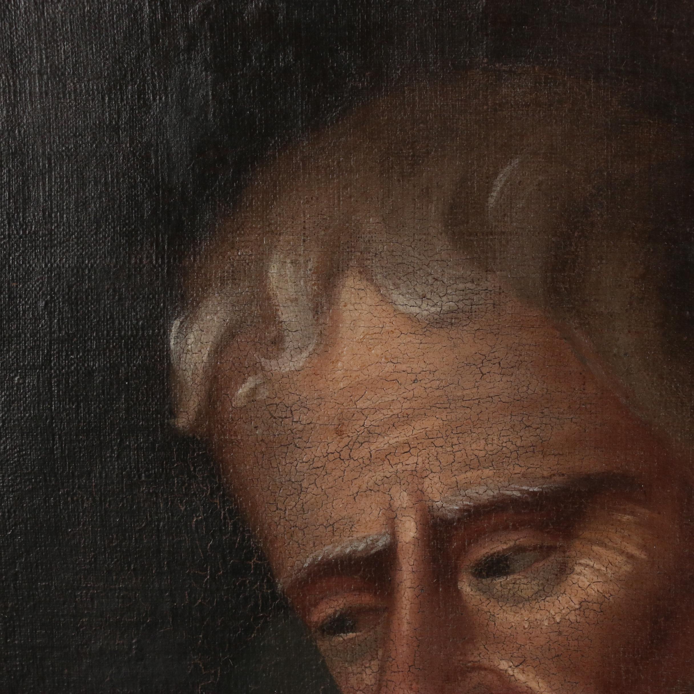 German School Oil Painting of Elderly Man Lighting a Pipe, 19th Century