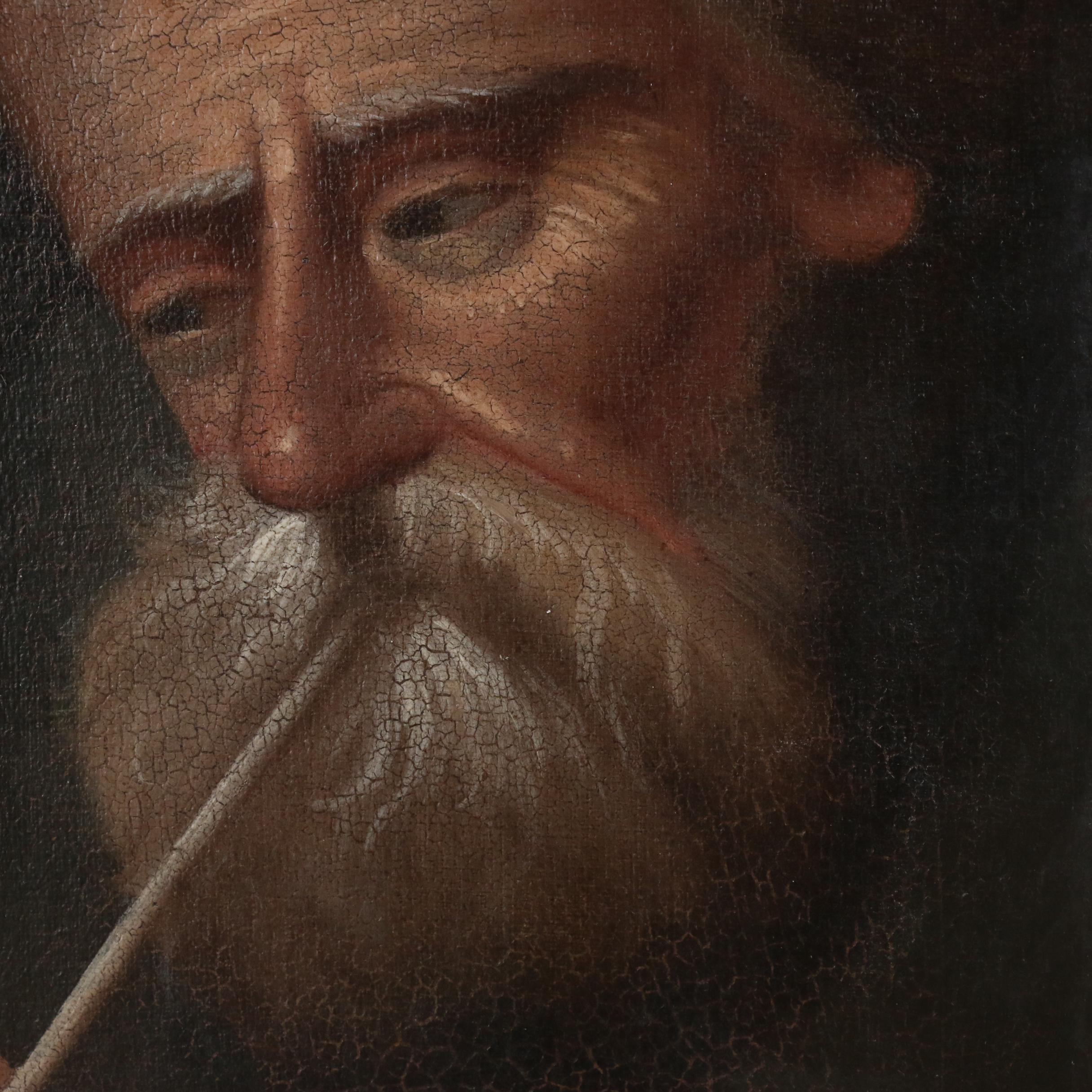 German School Oil Painting of Elderly Man Lighting a Pipe, 19th Century