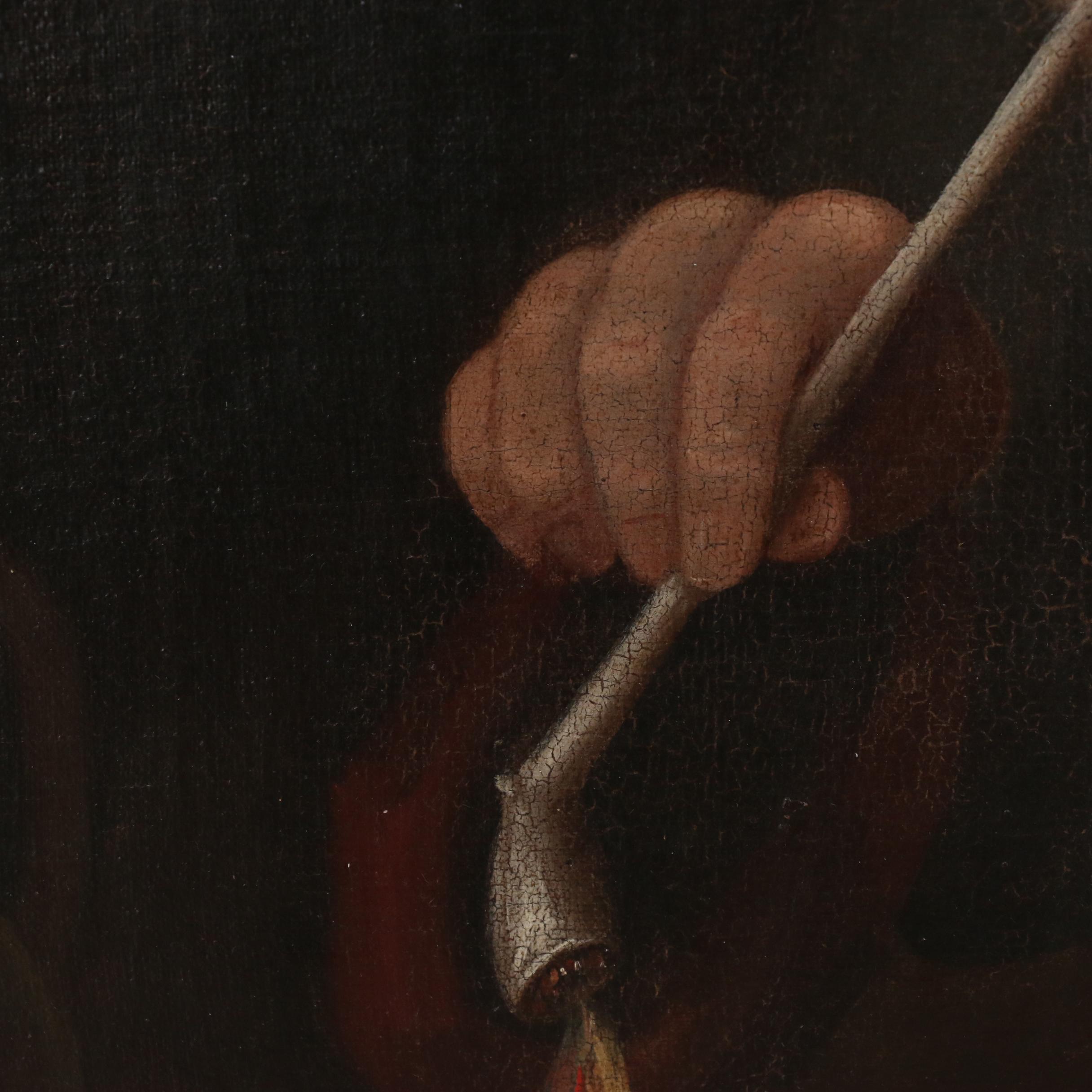 German School Oil Painting of Elderly Man Lighting a Pipe, 19th Century