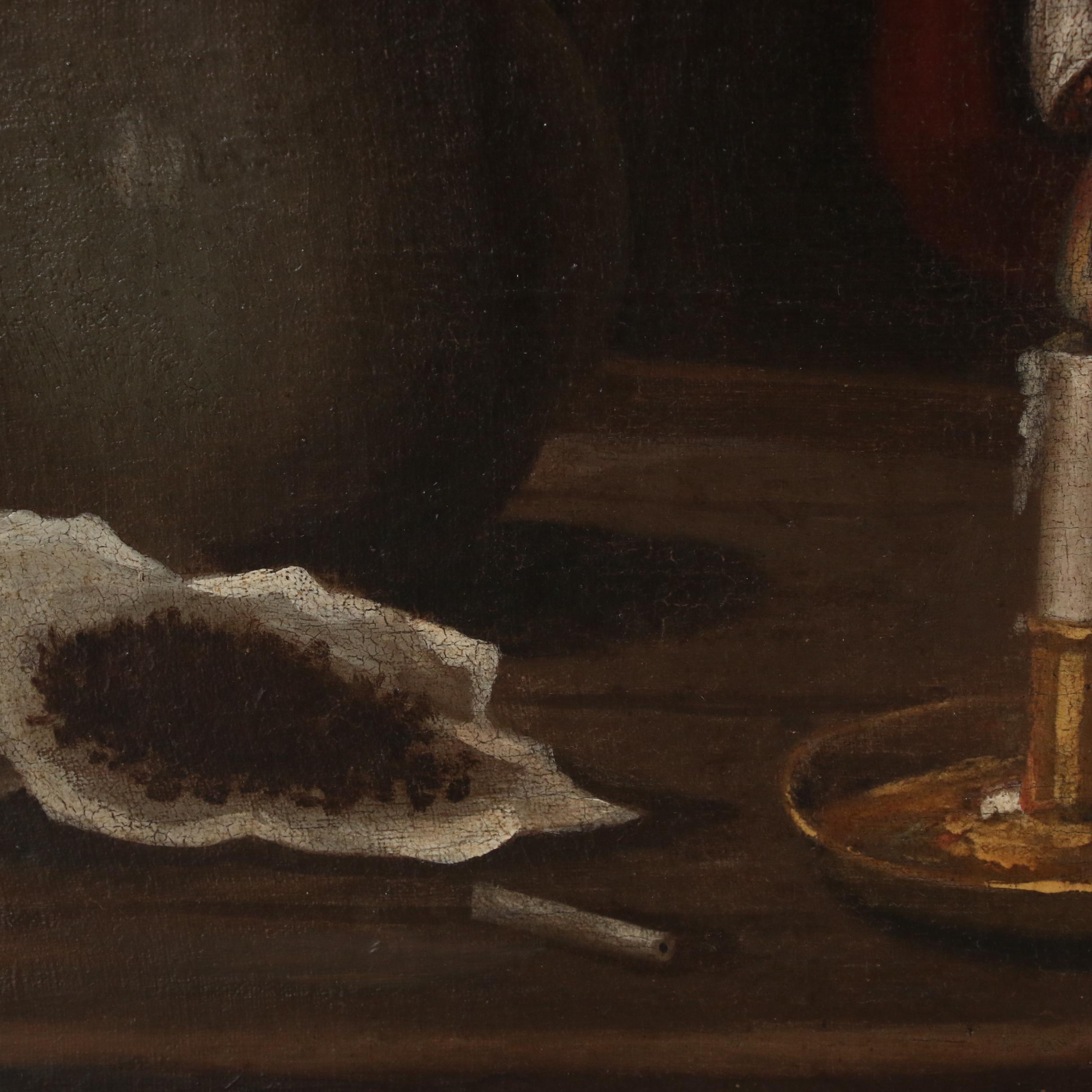 German School Oil Painting of Elderly Man Lighting a Pipe, 19th Century