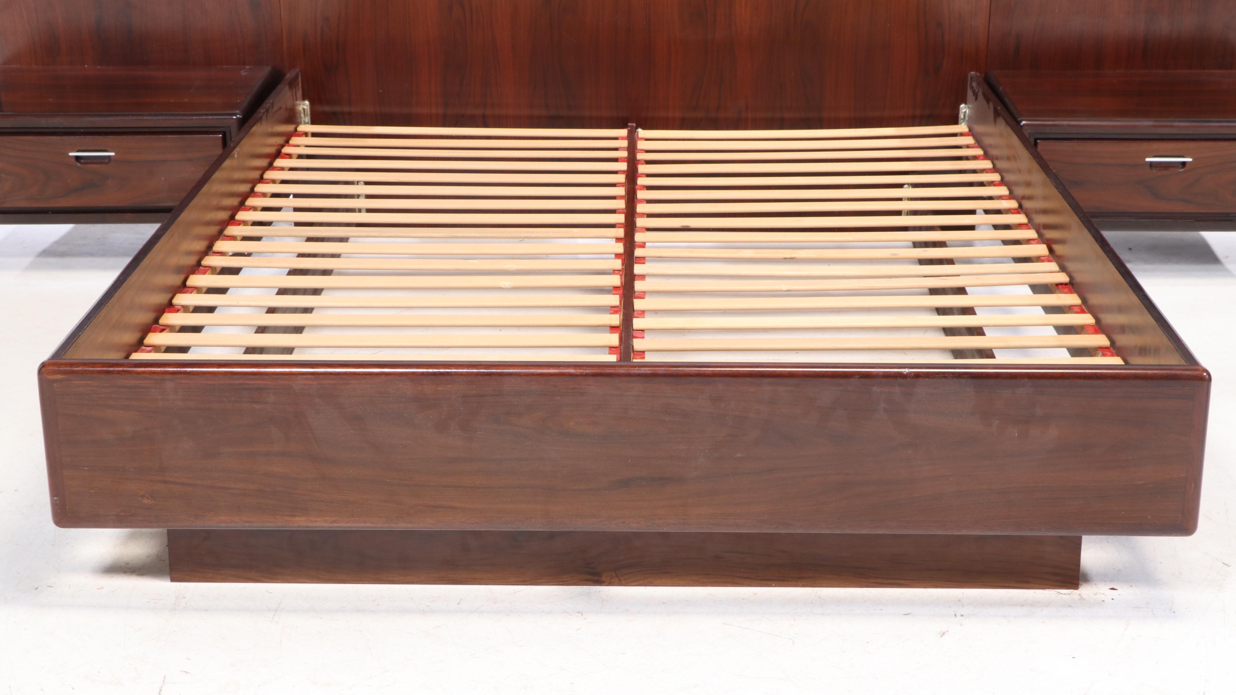 Modernist Rosewood Queen Size Platform Bed Frame with Attached Nightstands