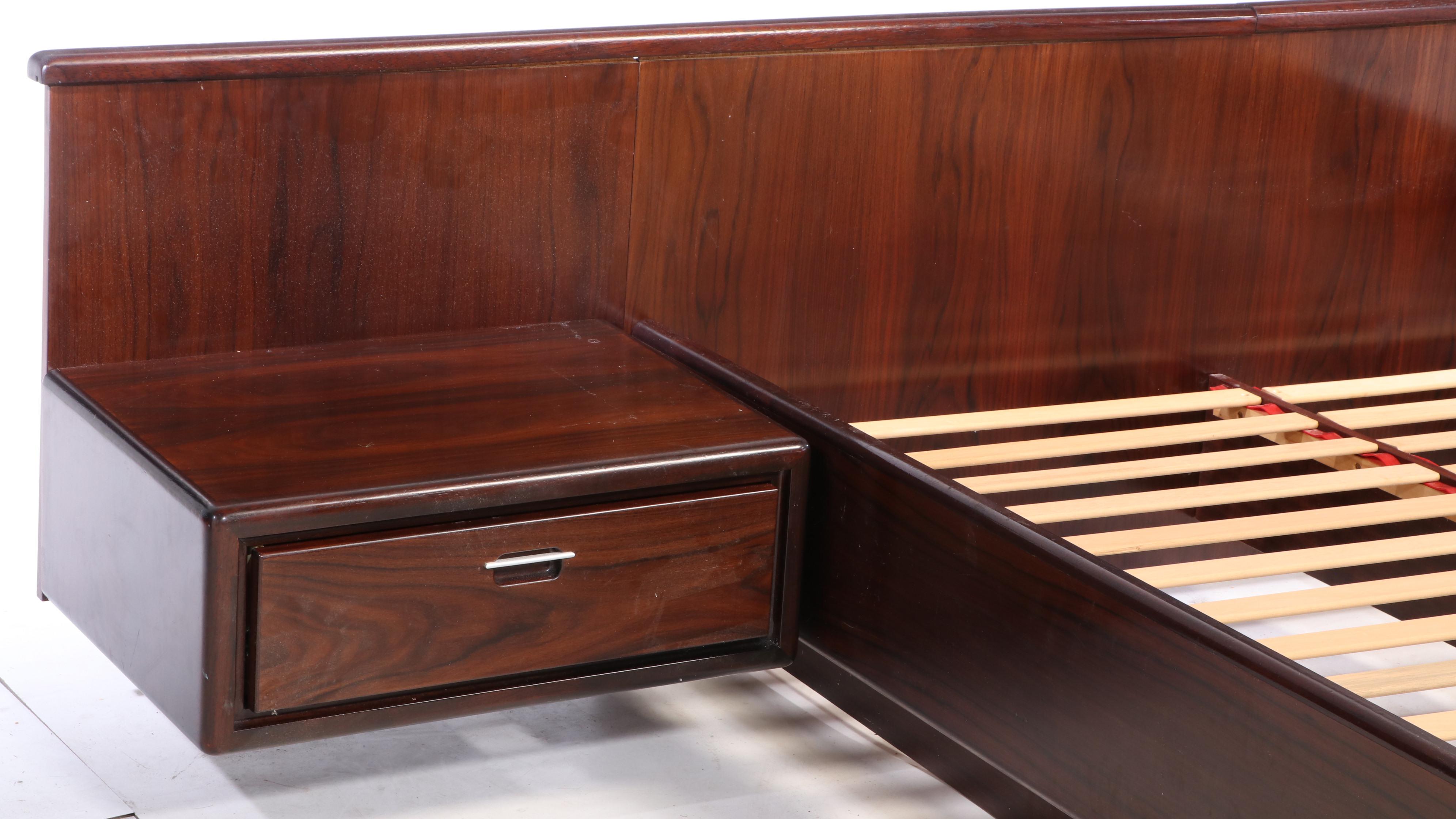 Modernist Rosewood Queen Size Platform Bed Frame with Attached Nightstands