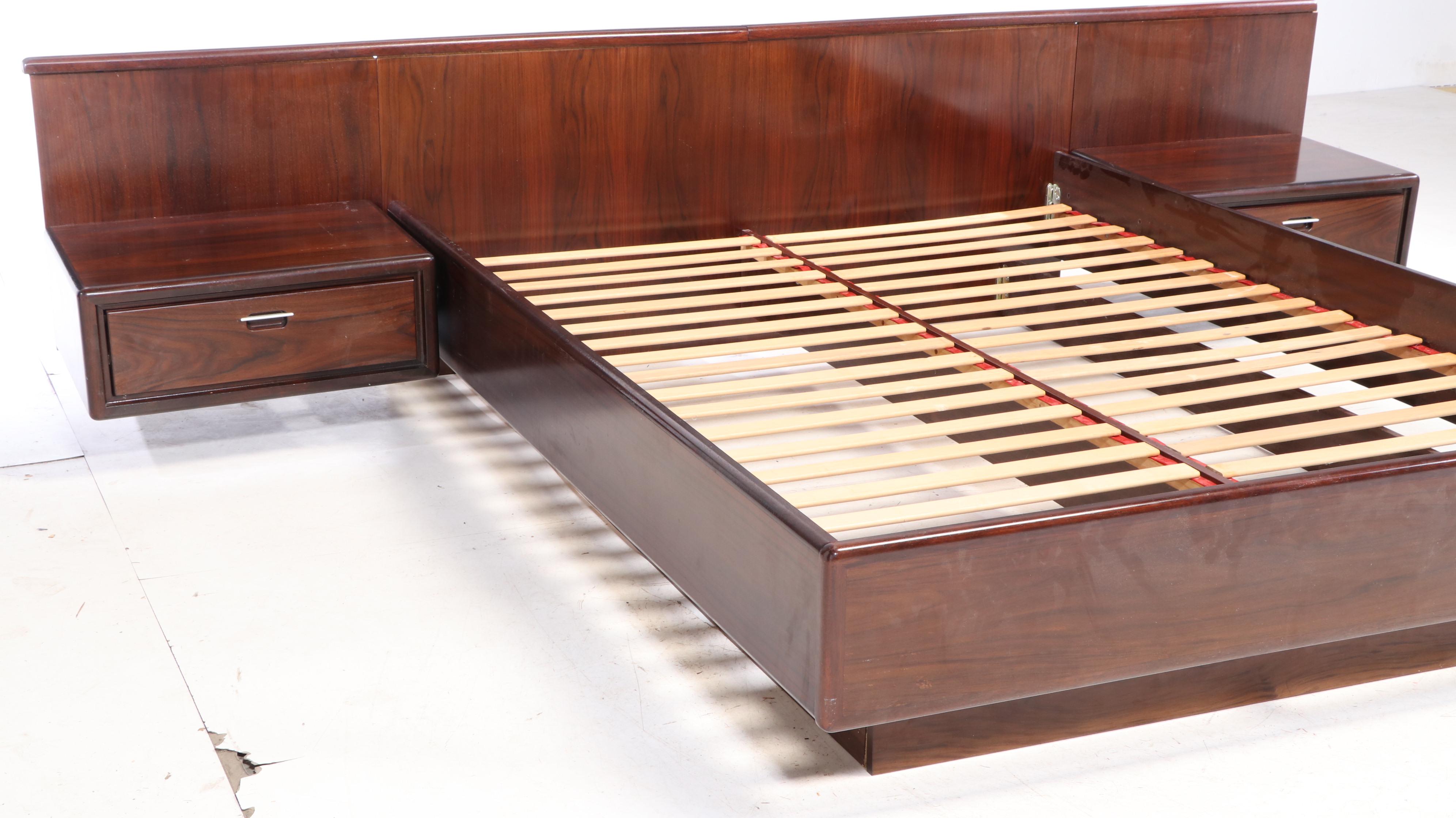Modernist Rosewood Queen Size Platform Bed Frame with Attached Nightstands