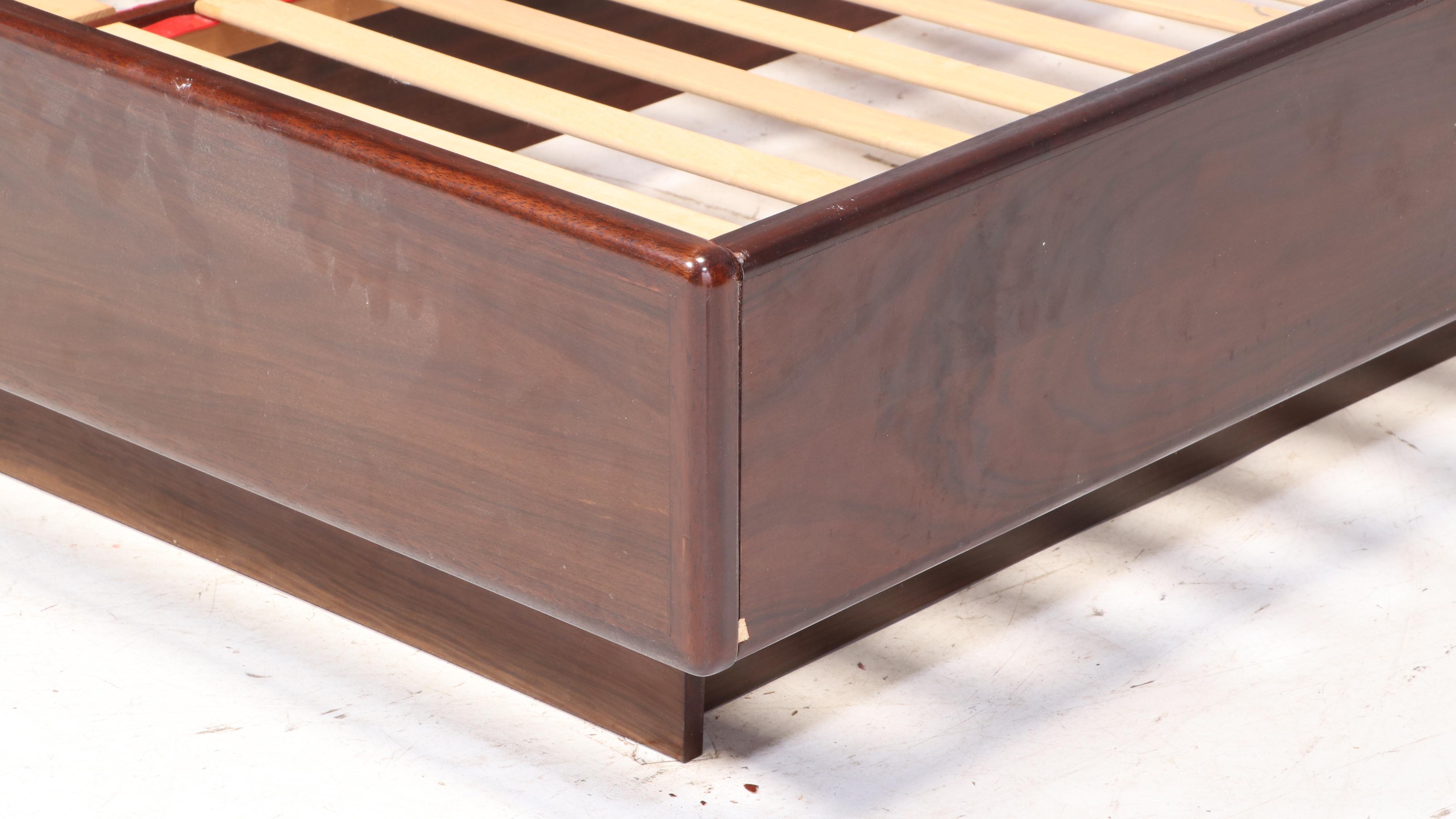 Modernist Rosewood Queen Size Platform Bed Frame with Attached Nightstands