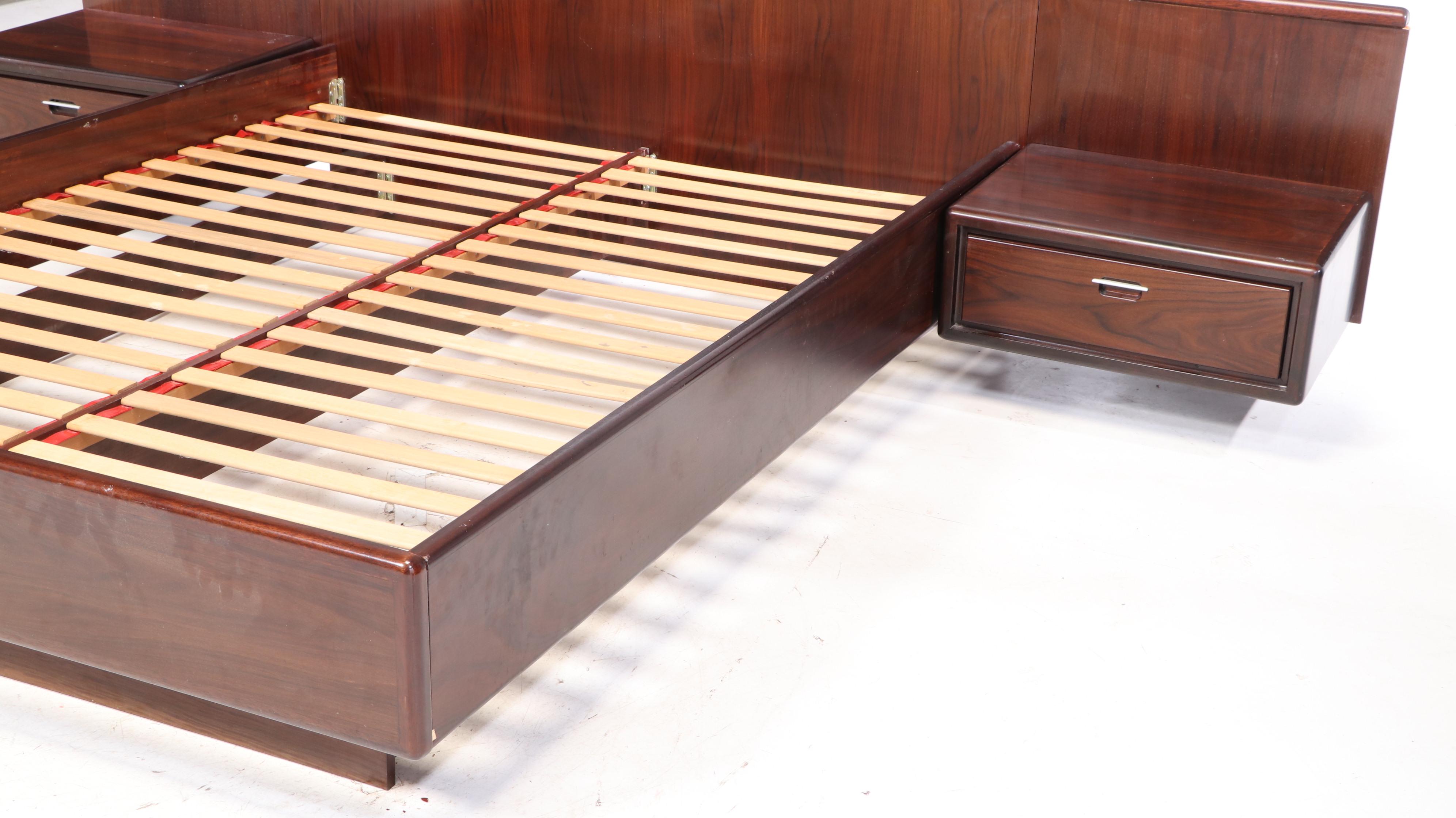 Modernist Rosewood Queen Size Platform Bed Frame with Attached Nightstands