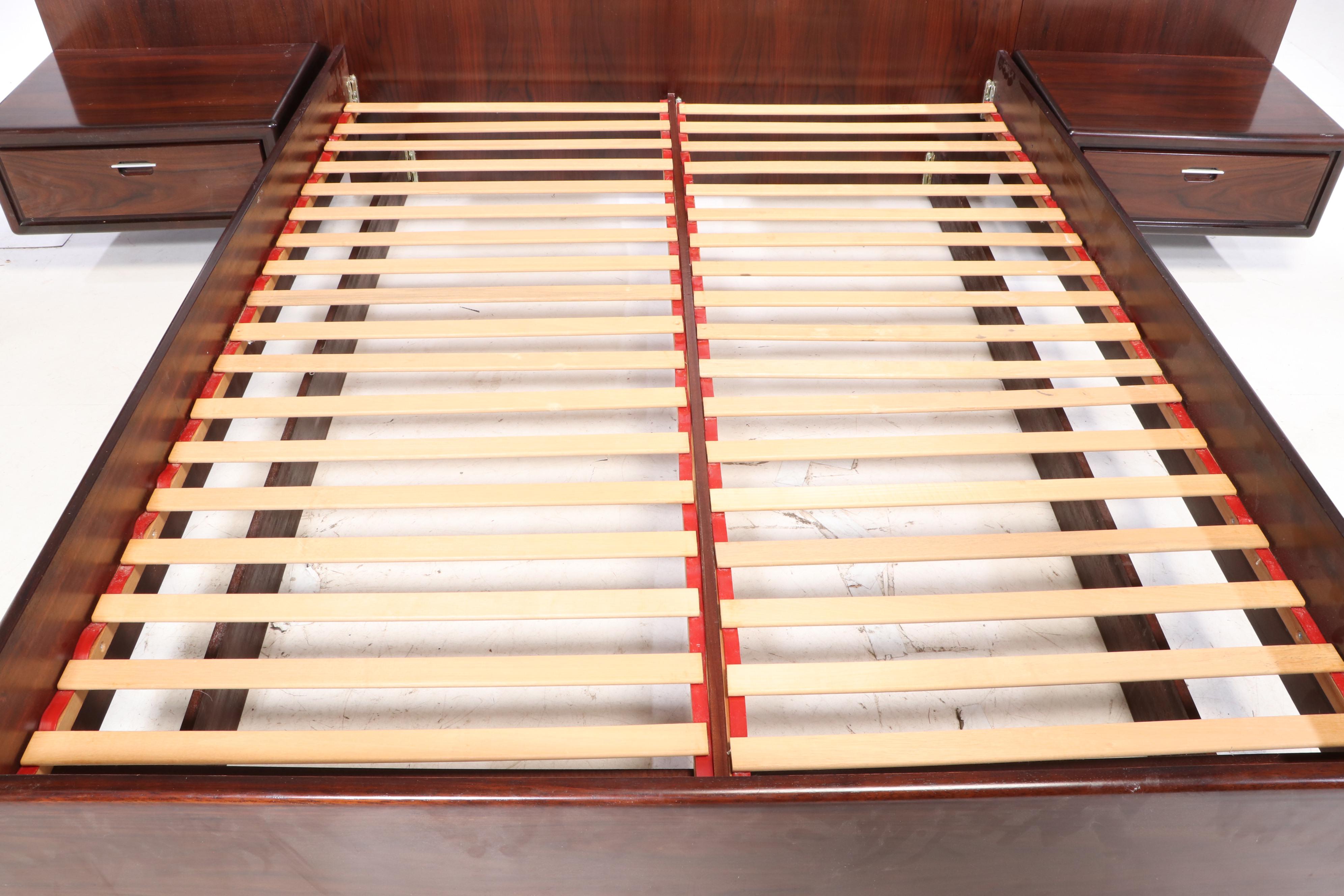 Modernist Rosewood Queen Size Platform Bed Frame with Attached Nightstands