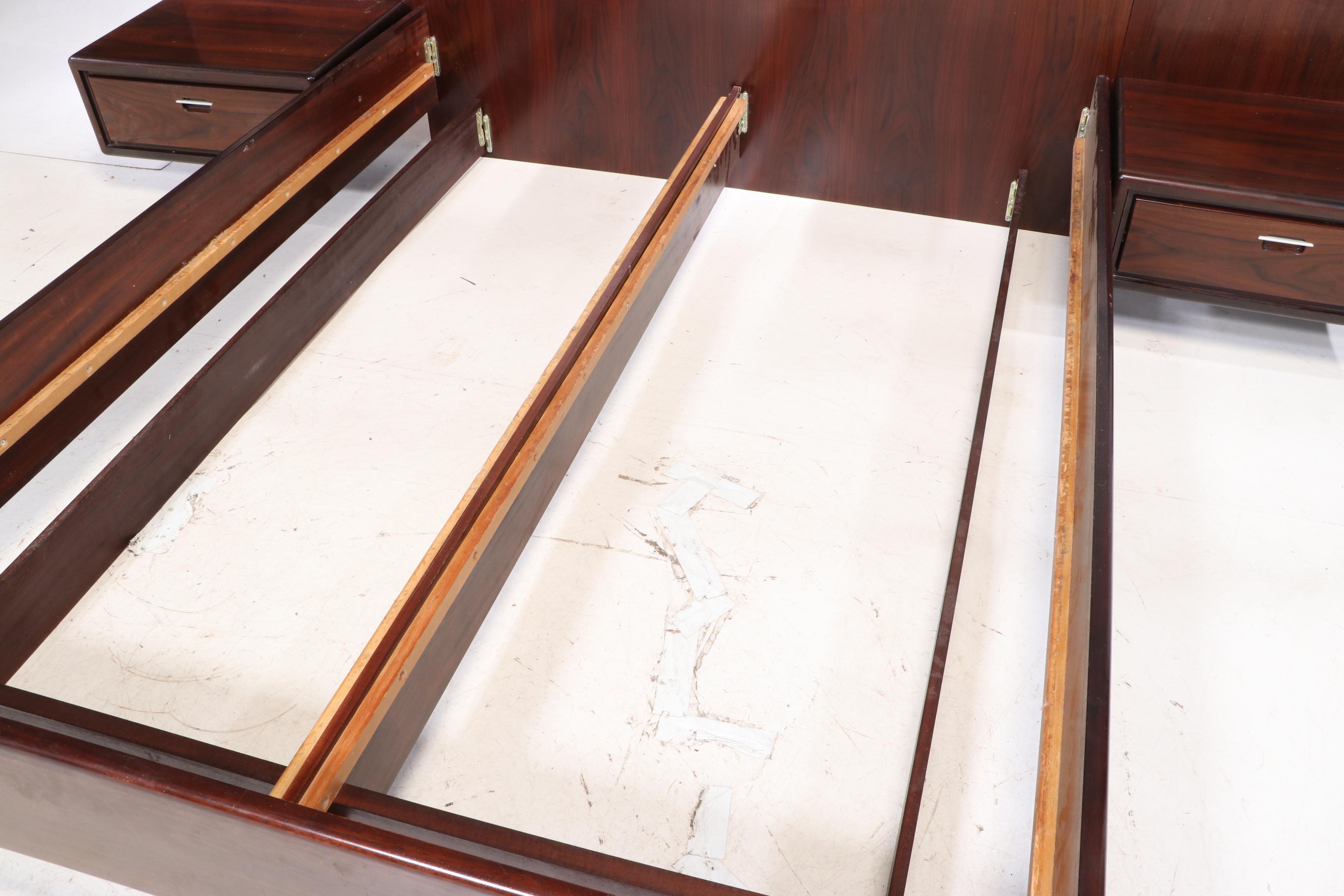 Modernist Rosewood Queen Size Platform Bed Frame with Attached Nightstands