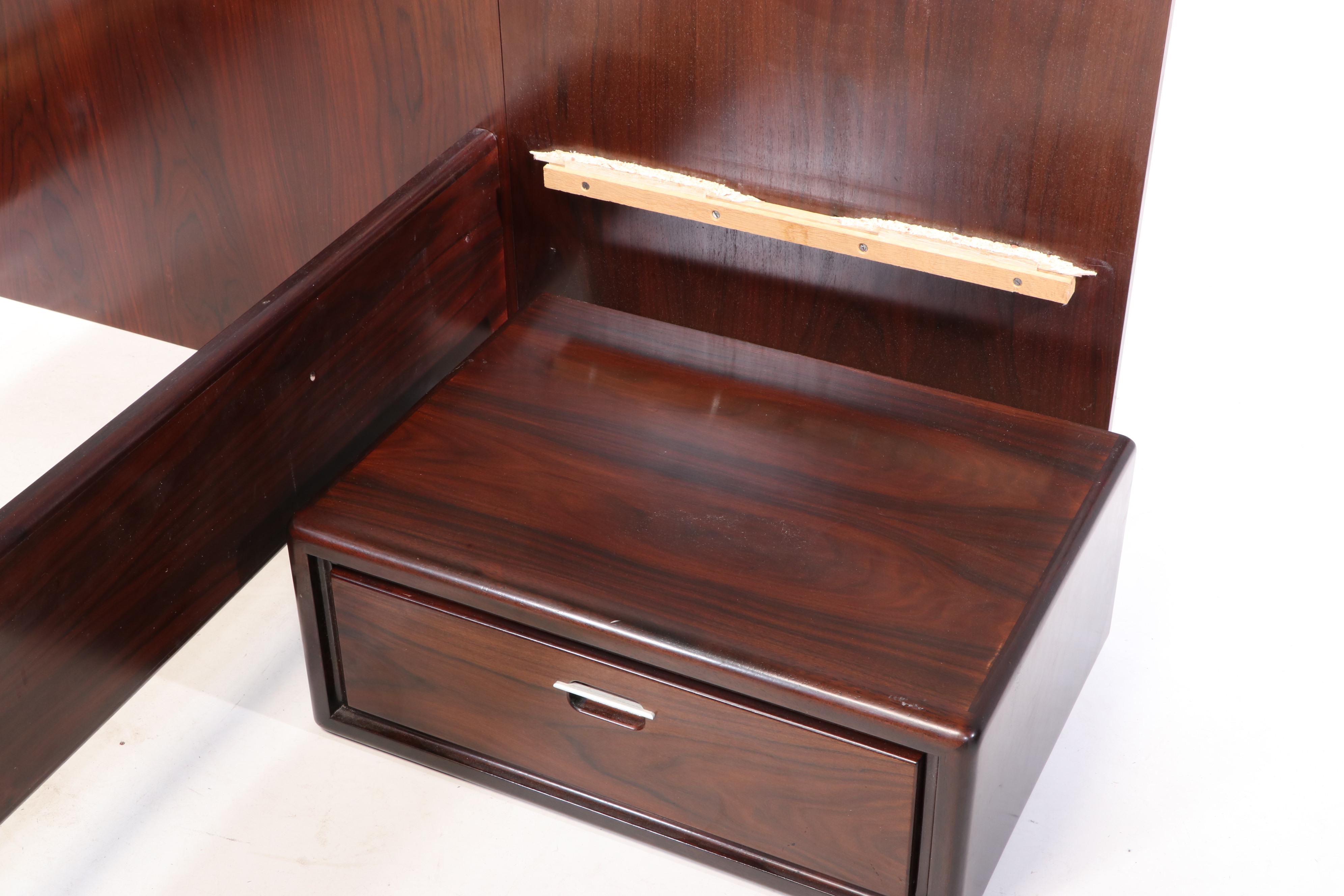 Modernist Rosewood Queen Size Platform Bed Frame with Attached Nightstands