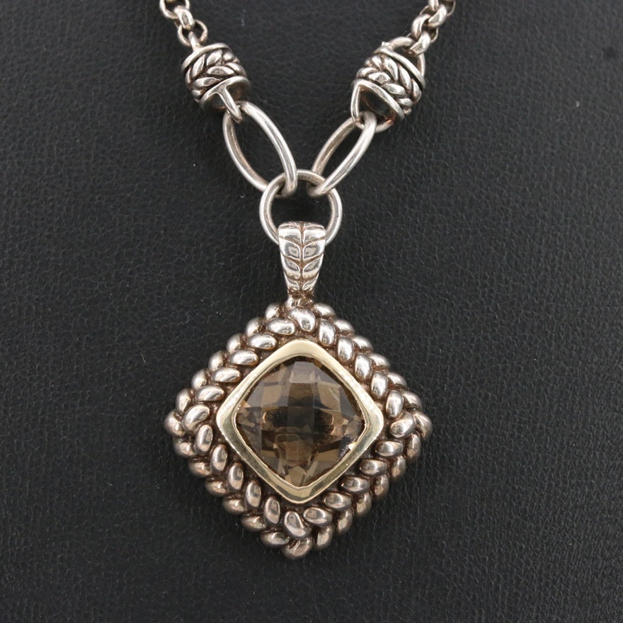 Sterling Silver Smoky Quartz Necklace with 14K Accent