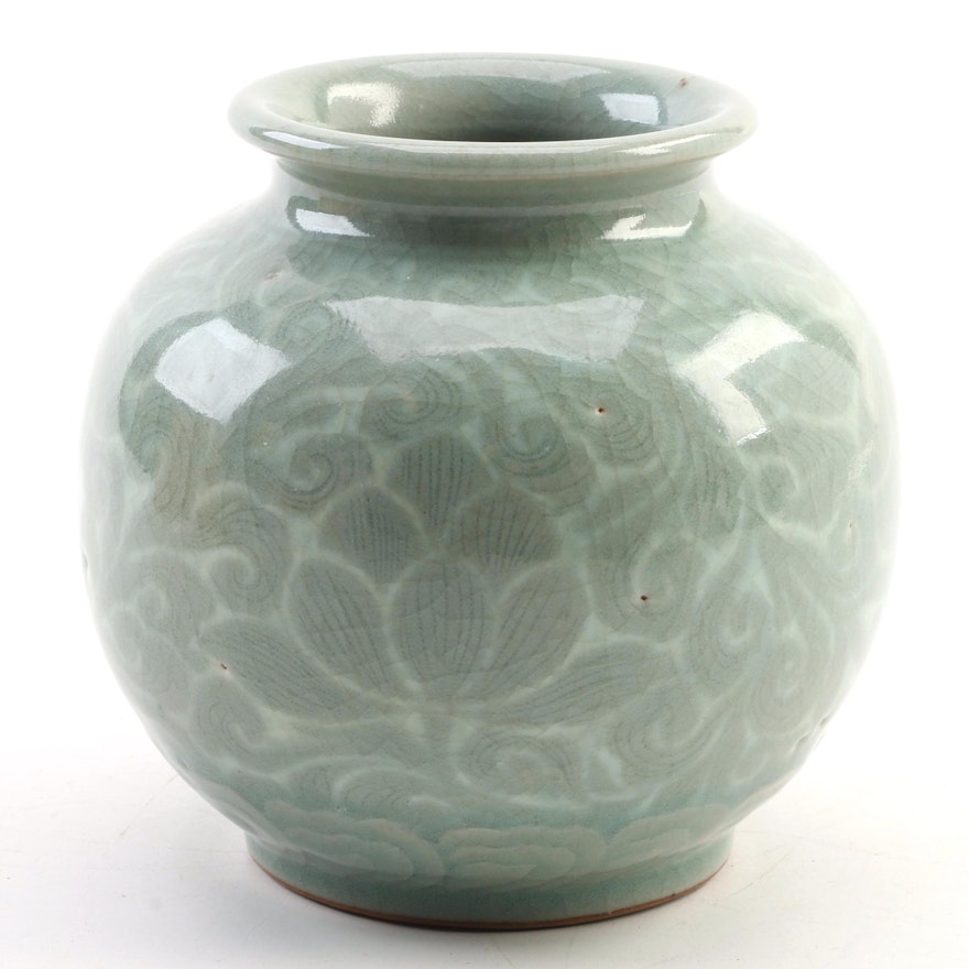 Japanese Celadon Ceramic Vase with Wooden Box, Contemporary