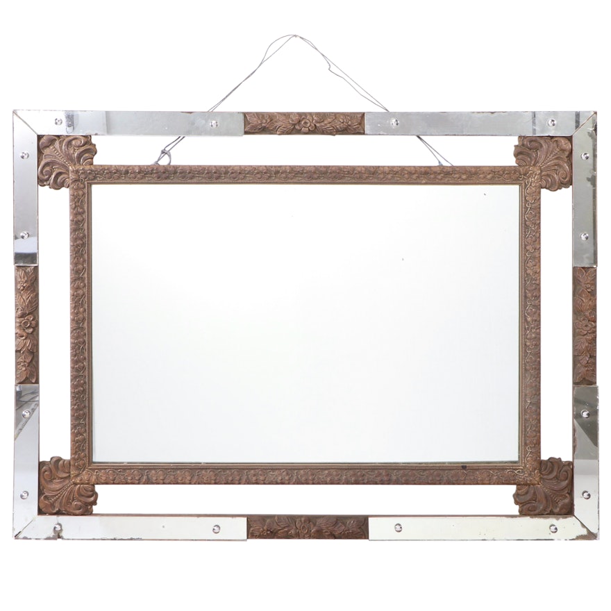 Wood and Mirrored Glass Decorated Framed Wall Mirror