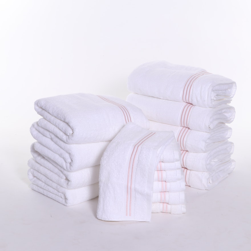 Cotton Bath Towels with Pale Pink Stripe Embroidery