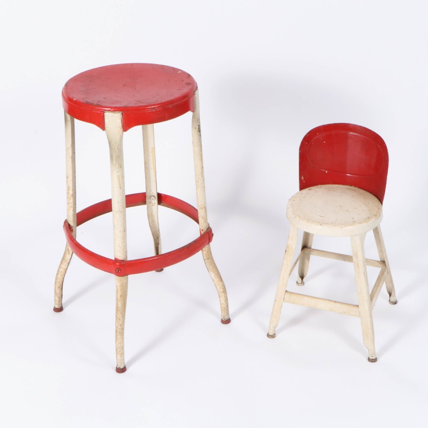 Red and White Metal Stool and Child's Chair, Mid-20th Century