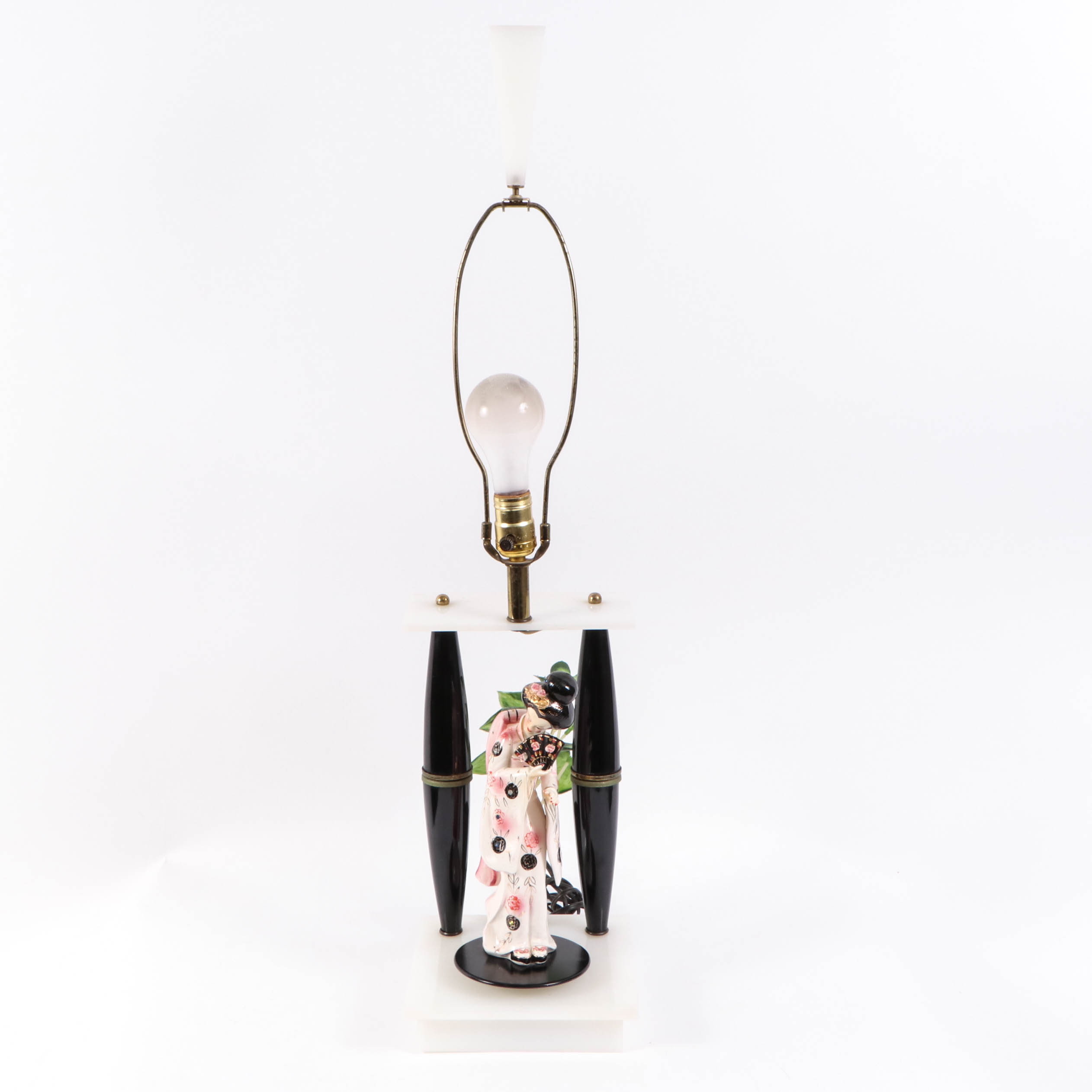 Porcelain Japanese Figure Music Box Lamp with Vase, Mid-Late 20th Century