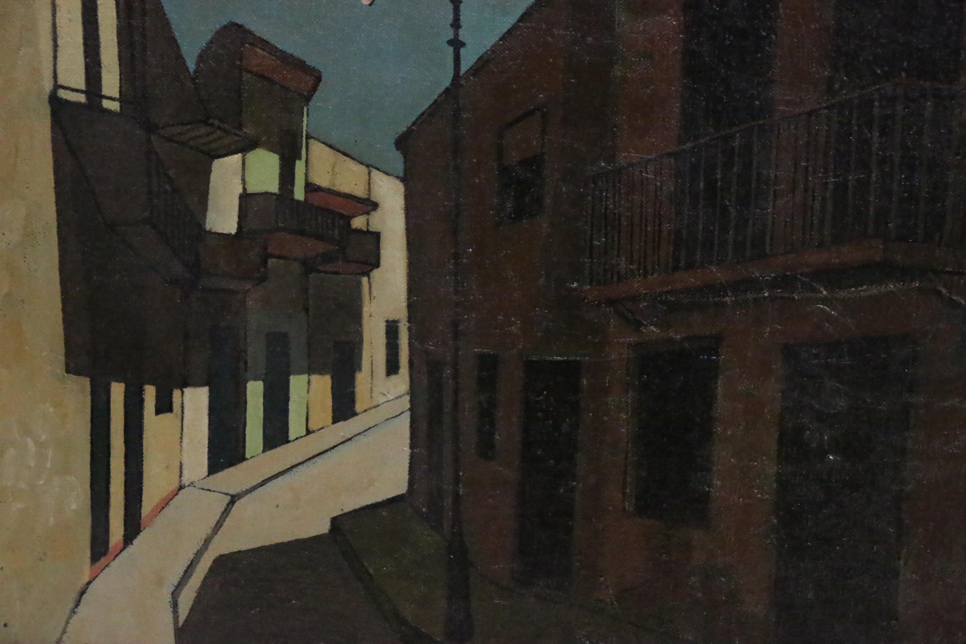 John McGhee Cubist Style Street Scene Oil Painting, Mid-Late 20th Century
