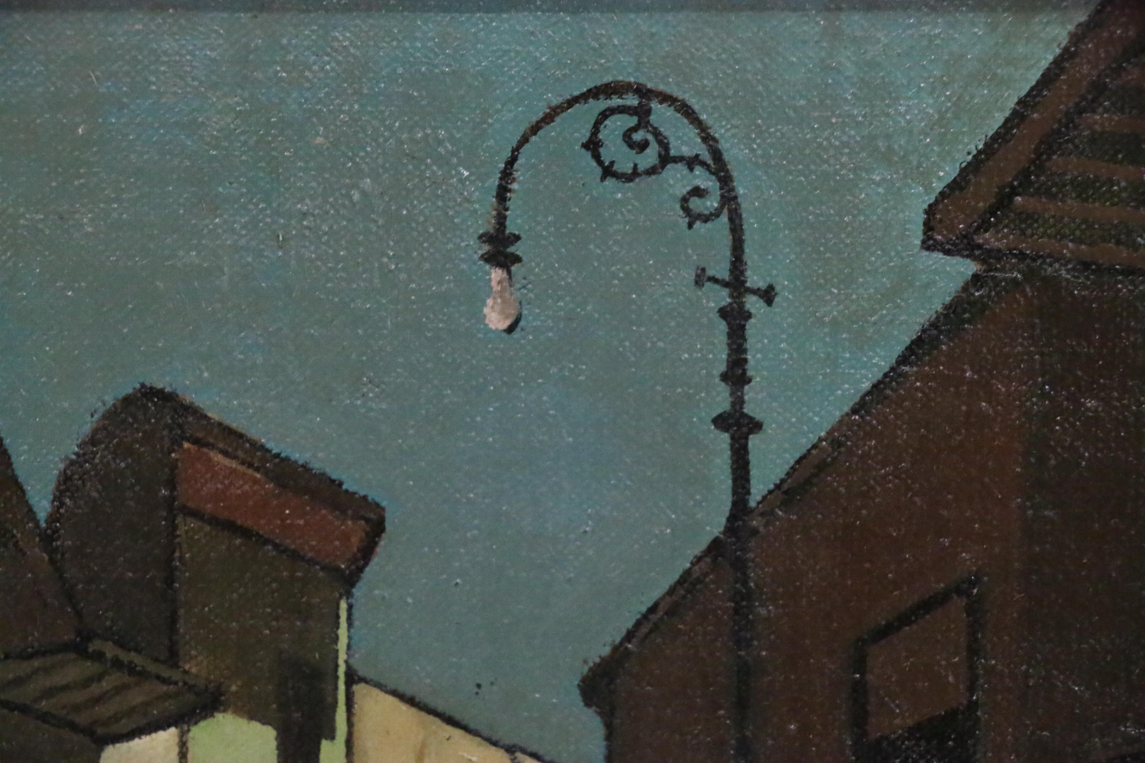 John McGhee Cubist Style Street Scene Oil Painting, Mid-Late 20th Century