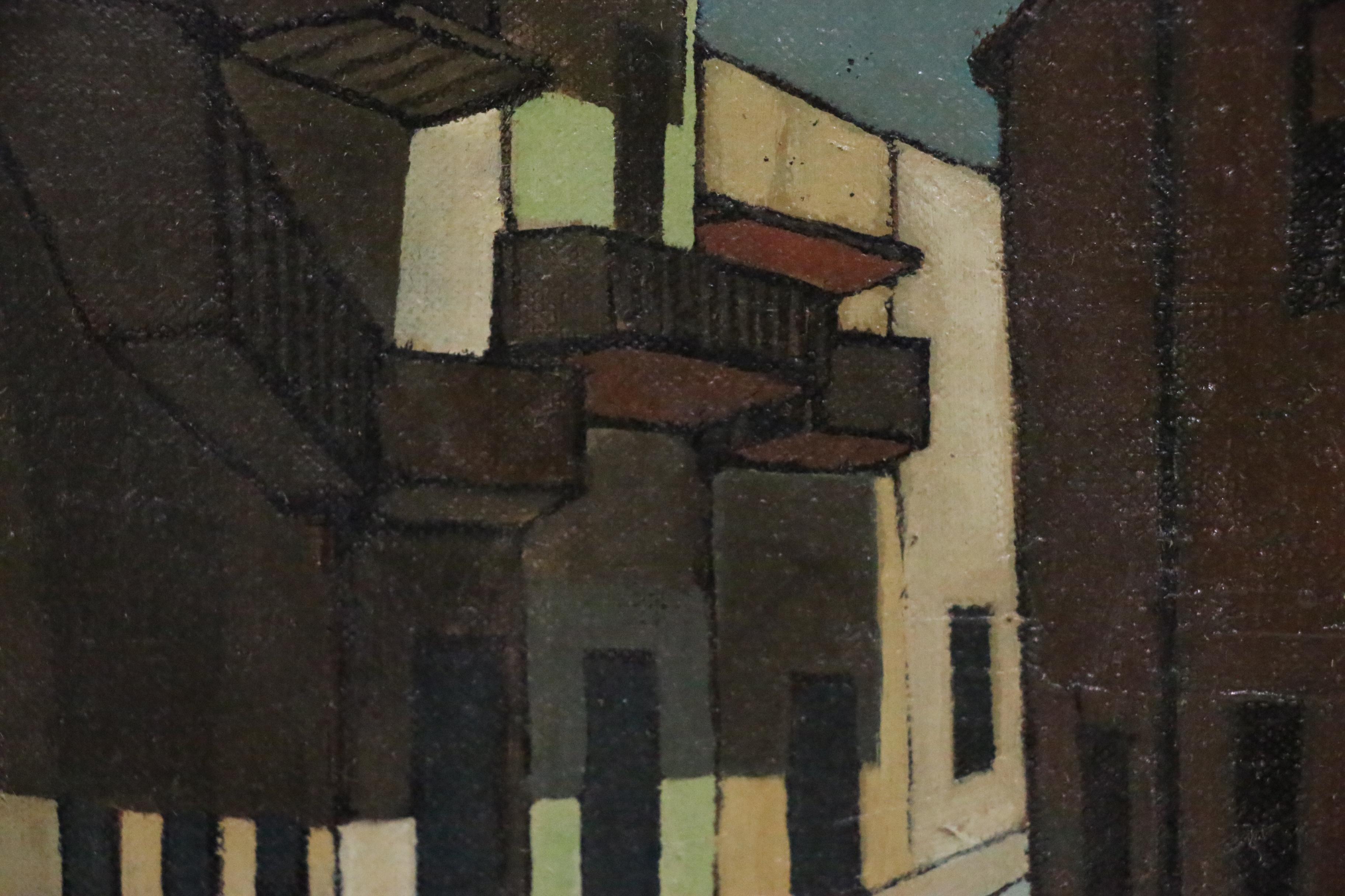 John McGhee Cubist Style Street Scene Oil Painting, Mid-Late 20th Century