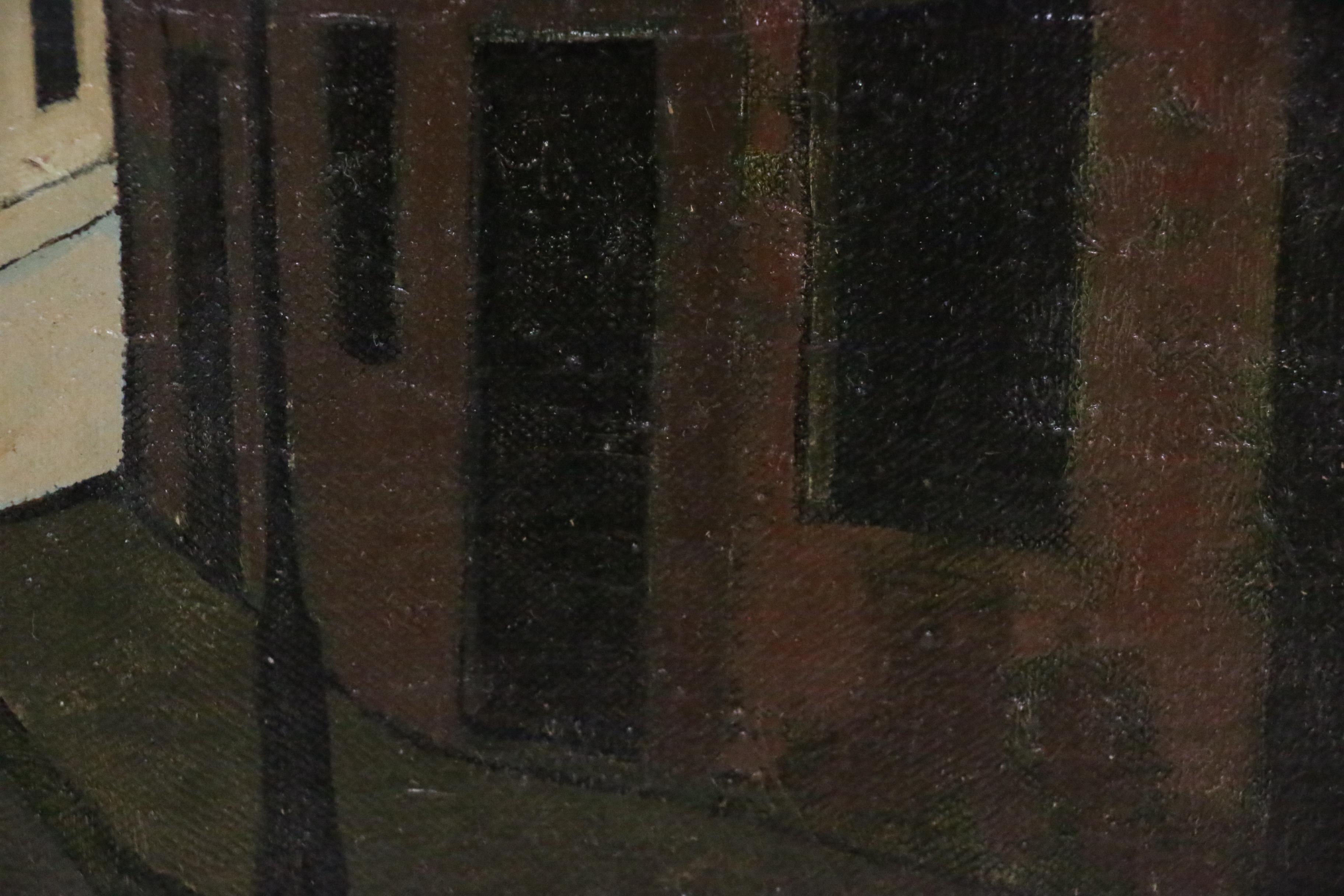 John McGhee Cubist Style Street Scene Oil Painting, Mid-Late 20th Century