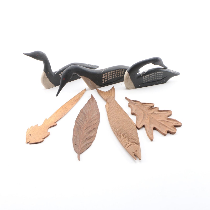 Antique Carved Wood Leaves and Fish with The Boyds Collection Wooden Decoy Loons