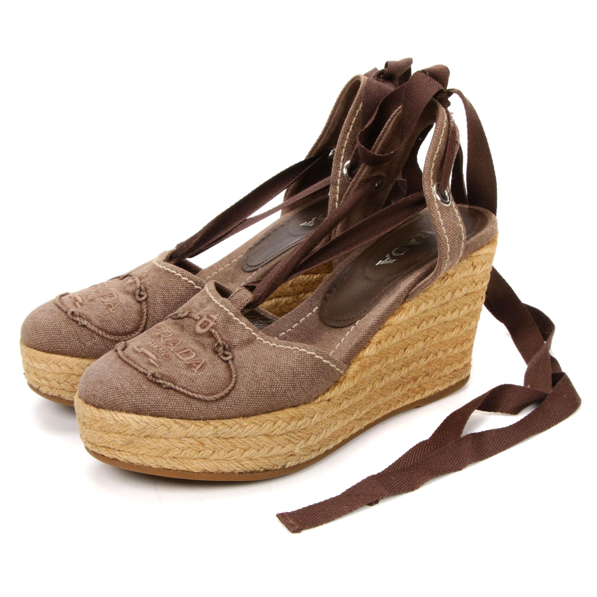 Prada Espadrille Wedges in Brown Logo Embroidered Canvas