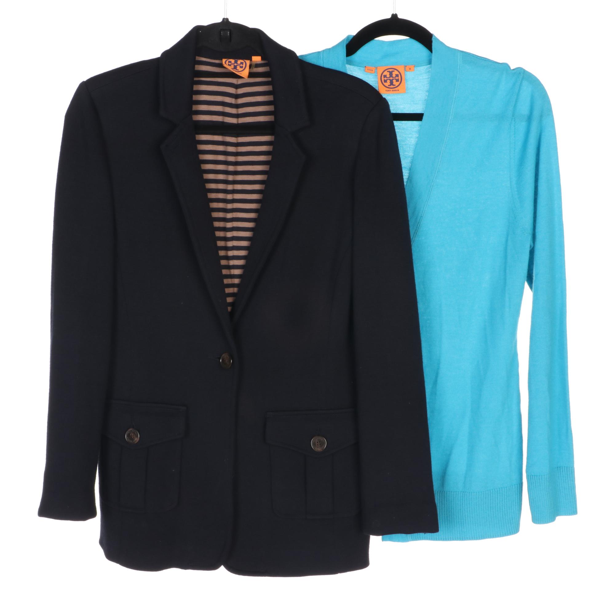 Tory Burch Navy Wool Blend Seth Blazer and Aqua Merino Wool Simone Cardigan