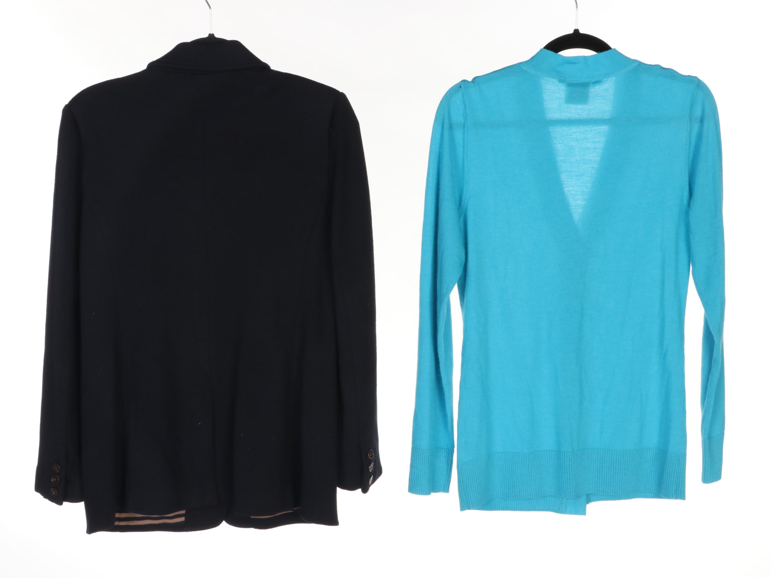 Tory Burch Navy Wool Blend Seth Blazer and Aqua Merino Wool Simone Cardigan