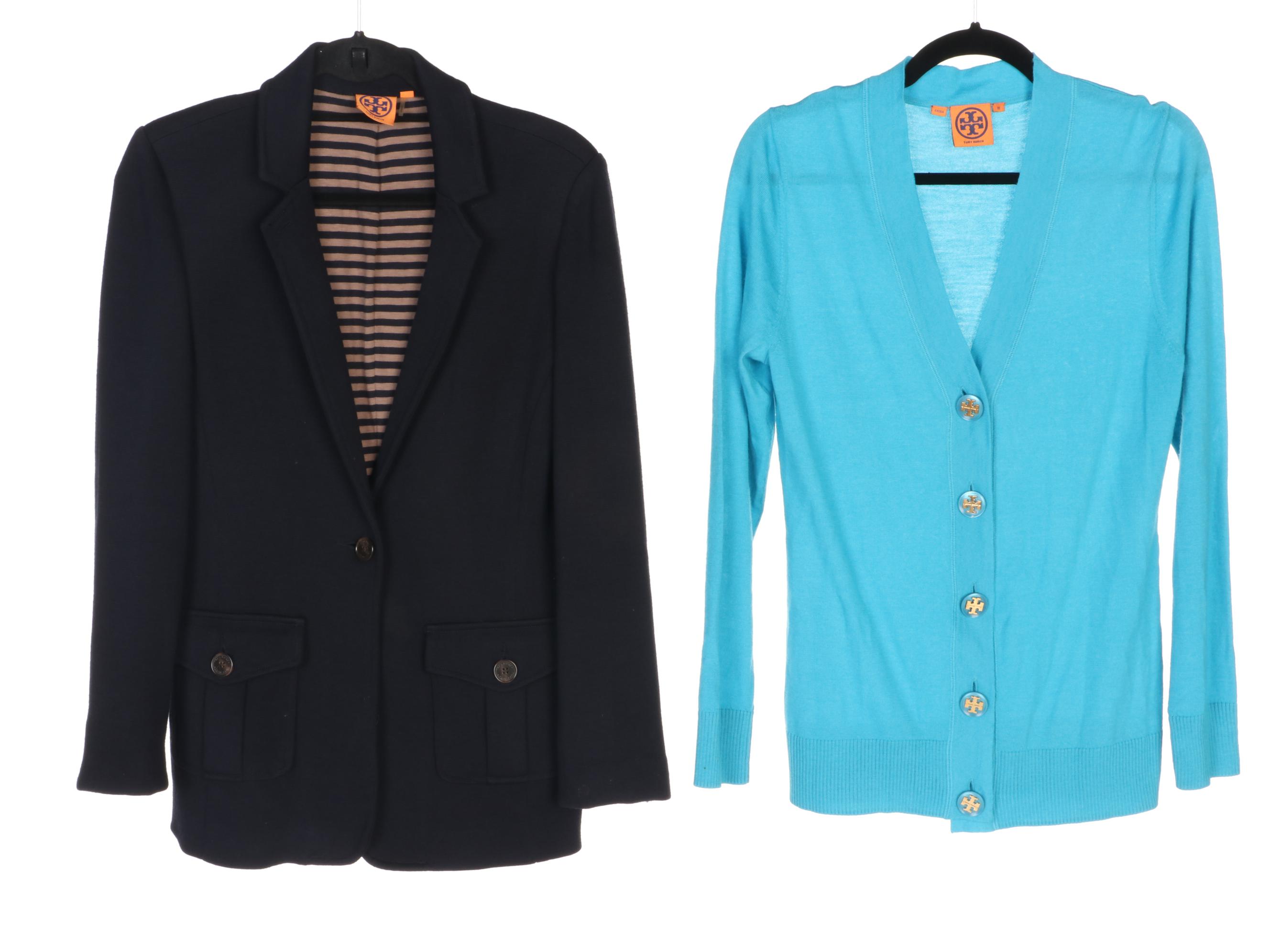 Tory Burch Navy Wool Blend Seth Blazer and Aqua Merino Wool Simone Cardigan