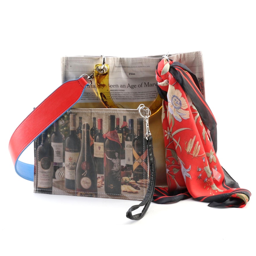 Recycled Newspaper Two-Way Tote Bag and Wristlet with Twilly Scarf