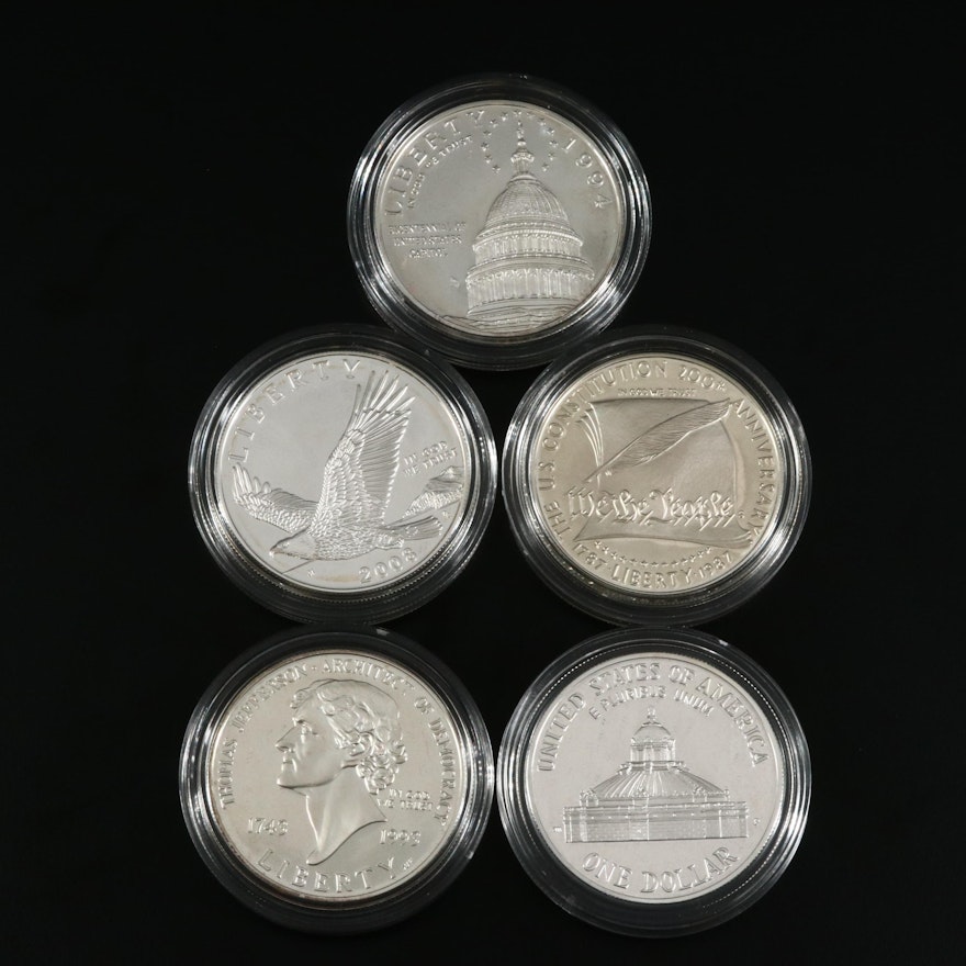 Five U.S. Commemorative Proof Silver Dollars