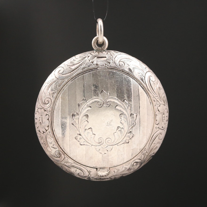Circa 1915 Battin & Co. Sterling Engraved Compact Pendant with Mirror