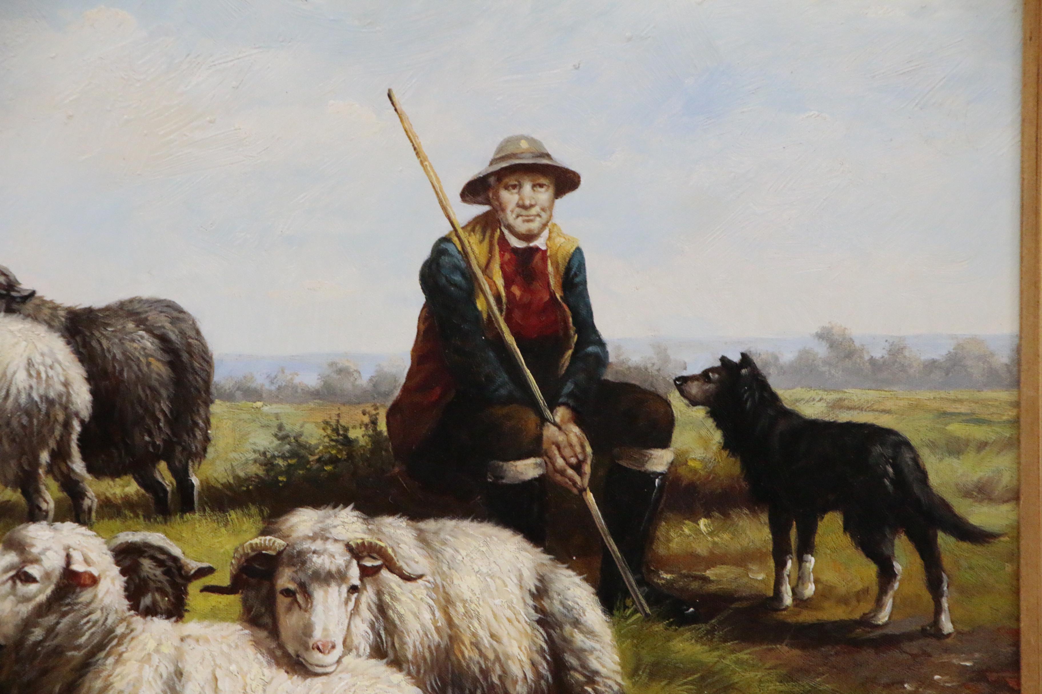 Pastoral Oil Painting of Shepherd with Sheep and Dog