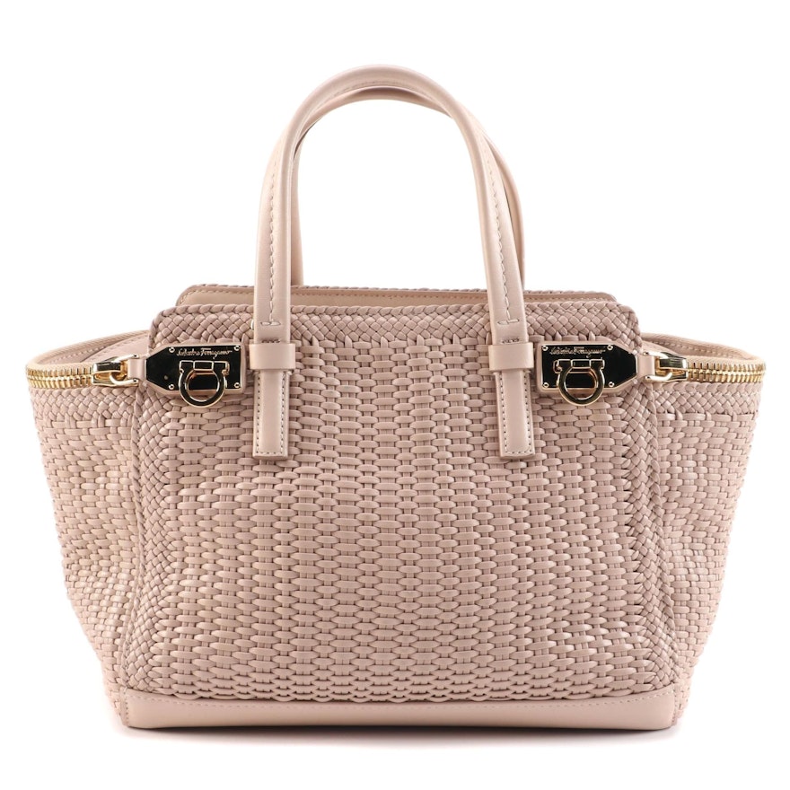 Salvatore Ferragamo Mini Verve Tote Bag in Bisque Woven Calfskin Leather