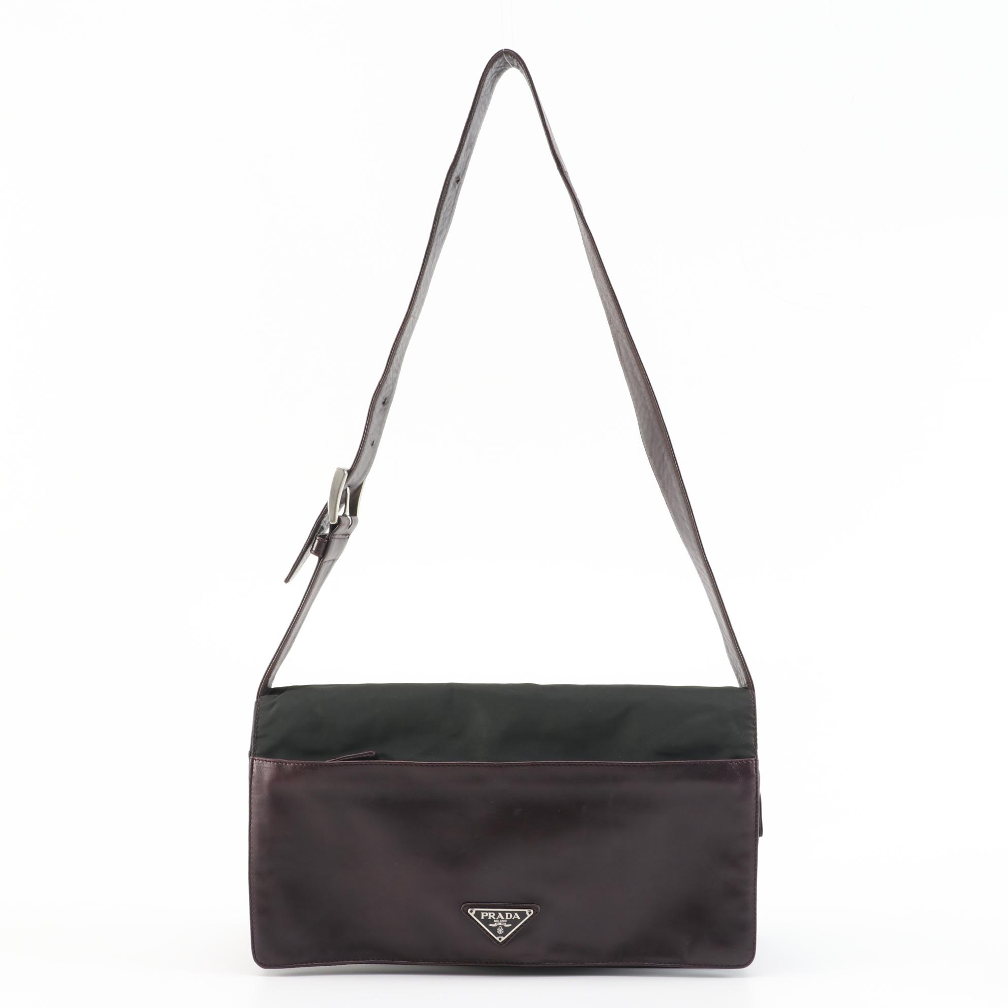 Prada Calfskin Leather and Dark Green Tessuto Nylon Shoulder Bag