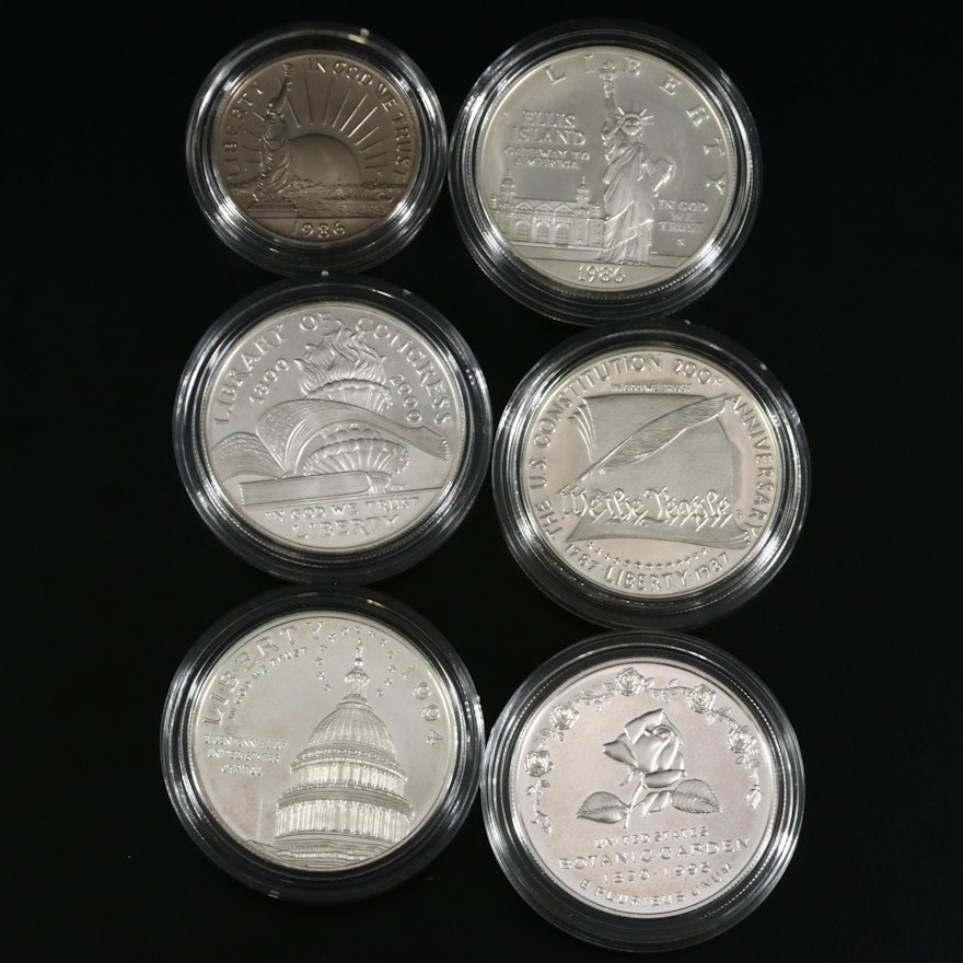 Five U.S. Commemorative Proof Silver Dollars and Clad Proof Half Dollar