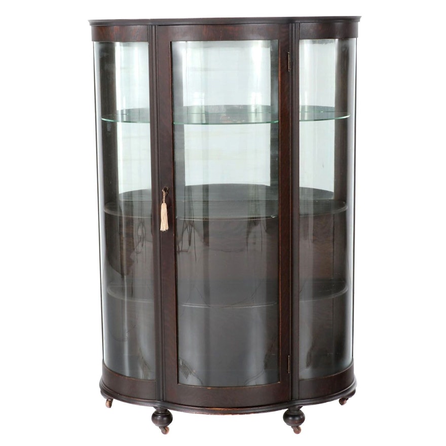 Oak Bowfront Glass China Cabinet, Early 20th Century