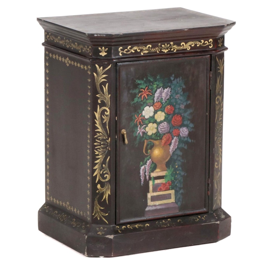 Painted Black Cabinet with Floral Decoration, Late 20th Century