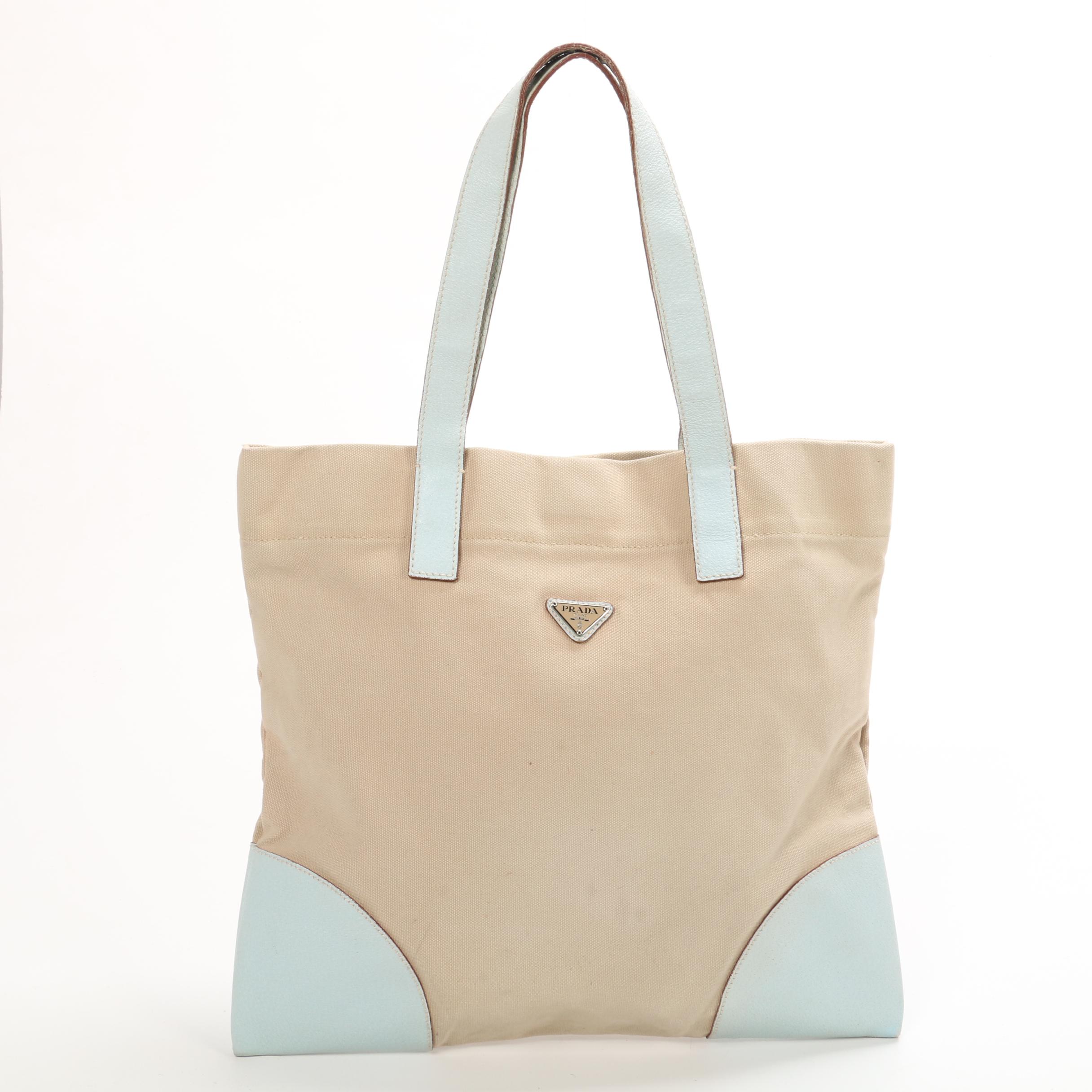 Prada Canvas and White Leather Tote