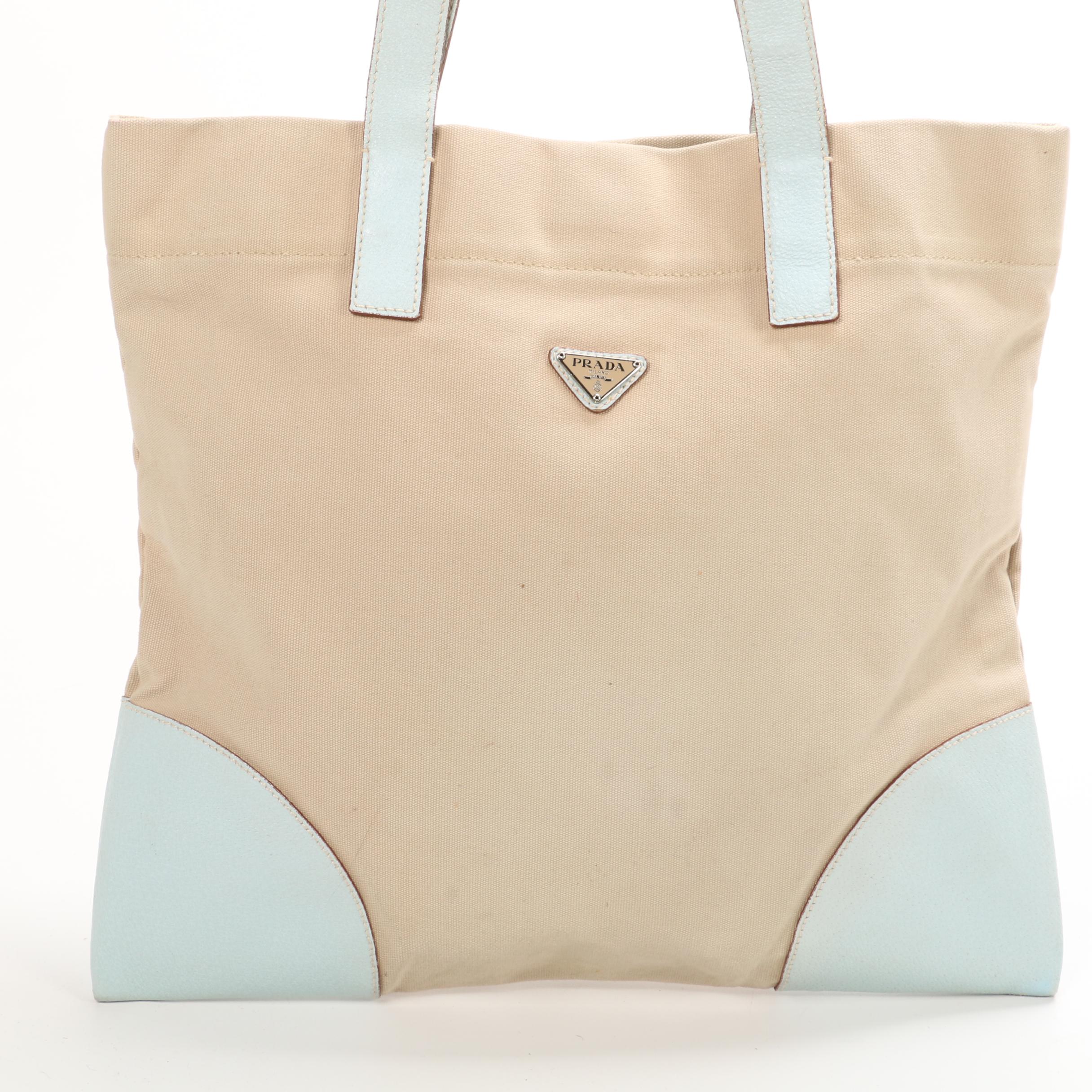 Prada Canvas and White Leather Tote