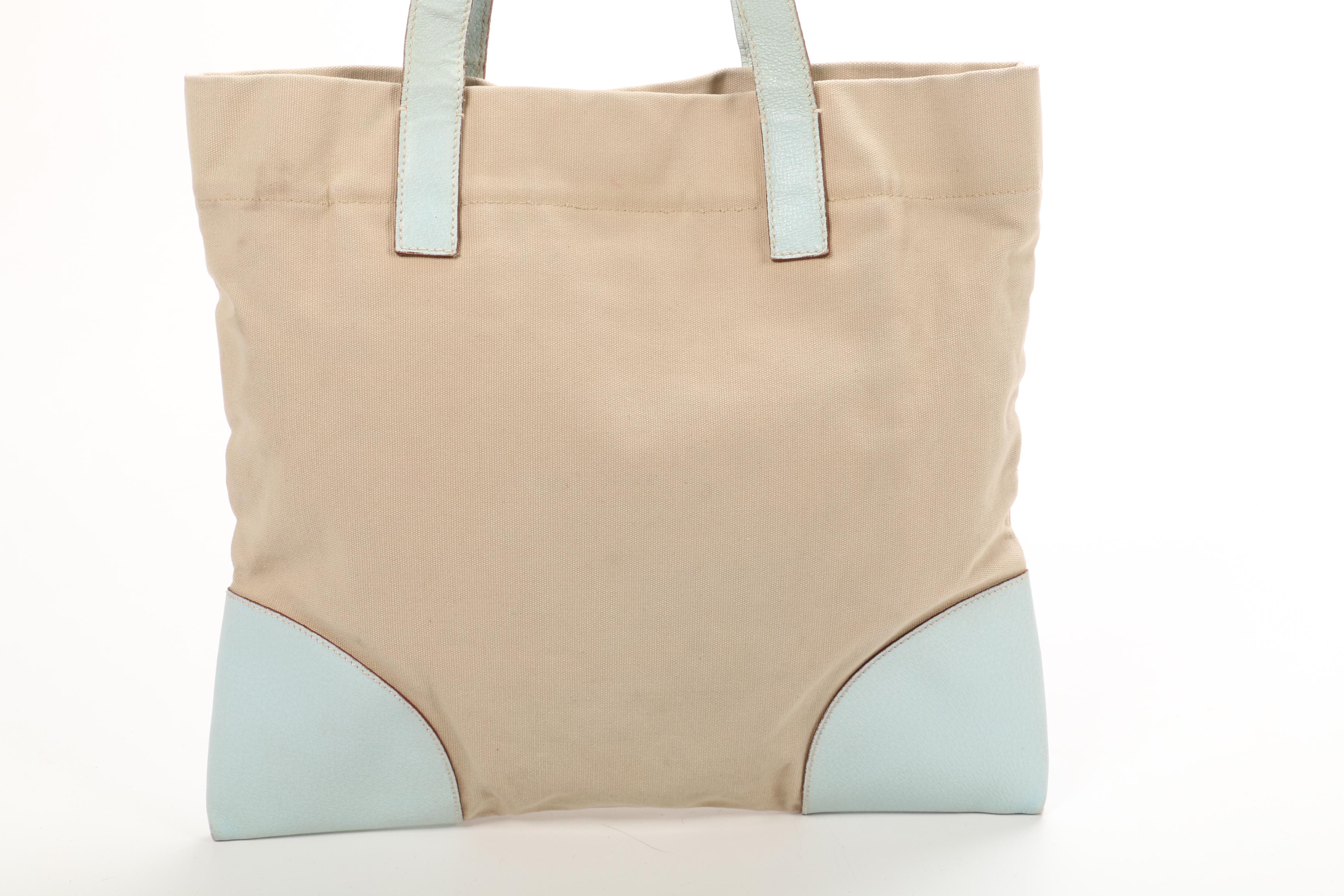 Prada Canvas and White Leather Tote