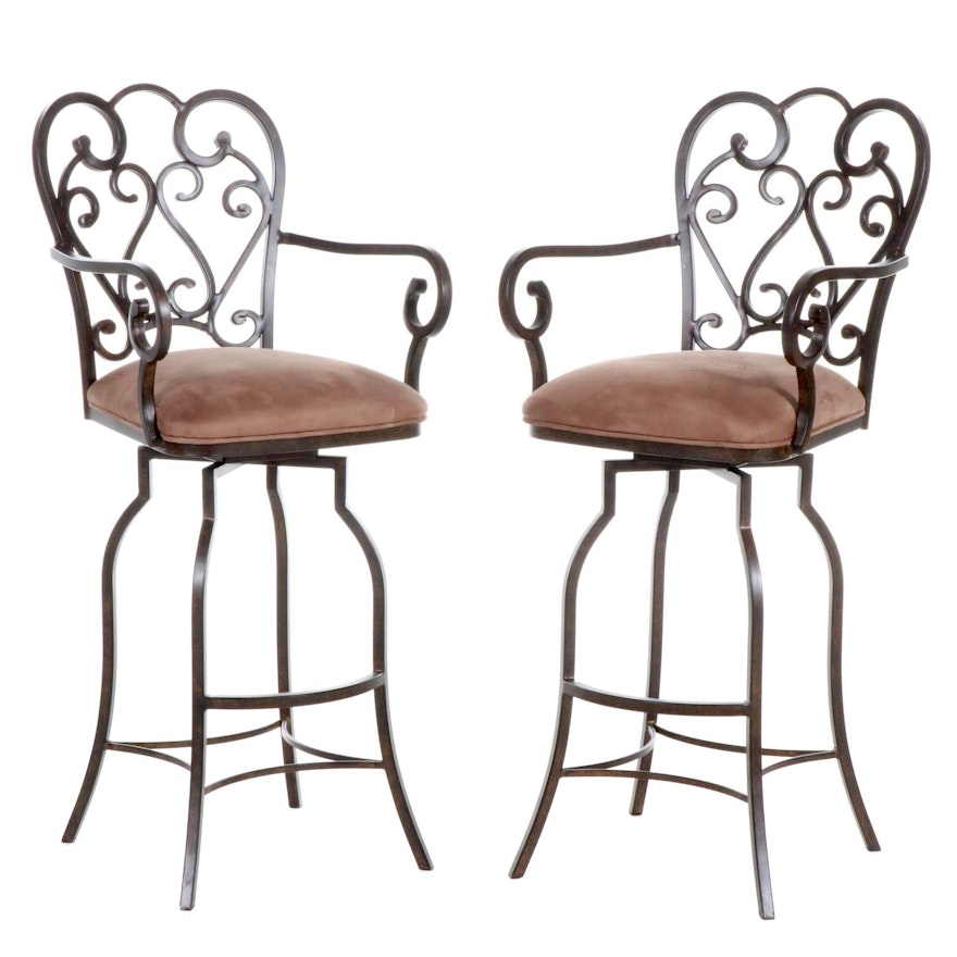 Pair of Minson Corporation Metal Frame Barstools with Microsuede Upholstery