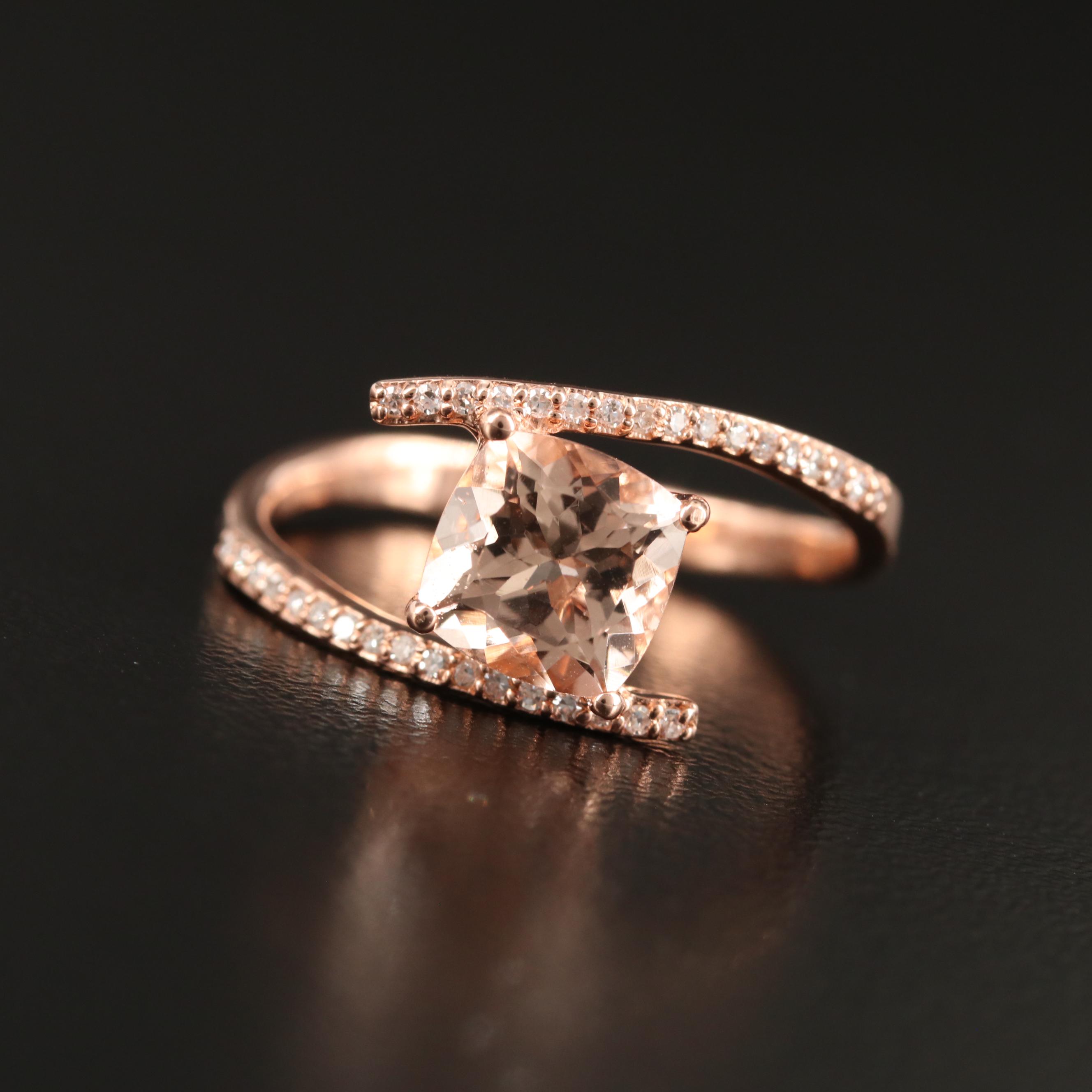 Modern Contemporary Style 14K Rose Gold, Morganite and Diamond Ring