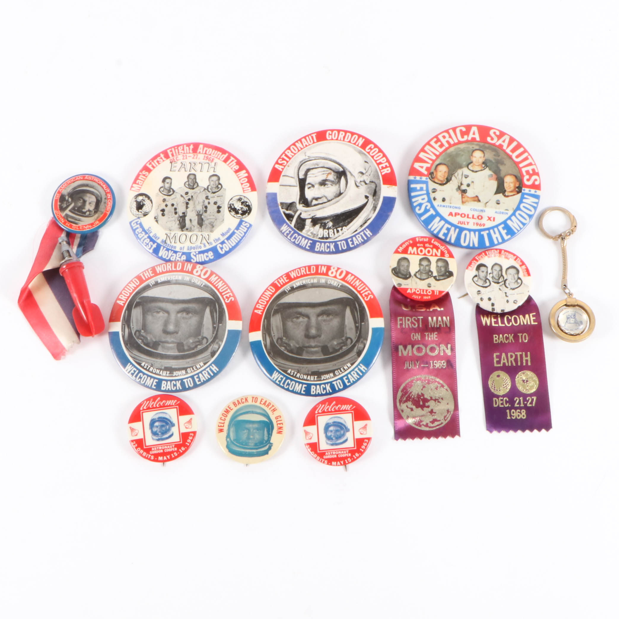 NASA Apollo 11, John Glenn, Apollo 8, and Gordon Cooper Pinbacks, 1960s