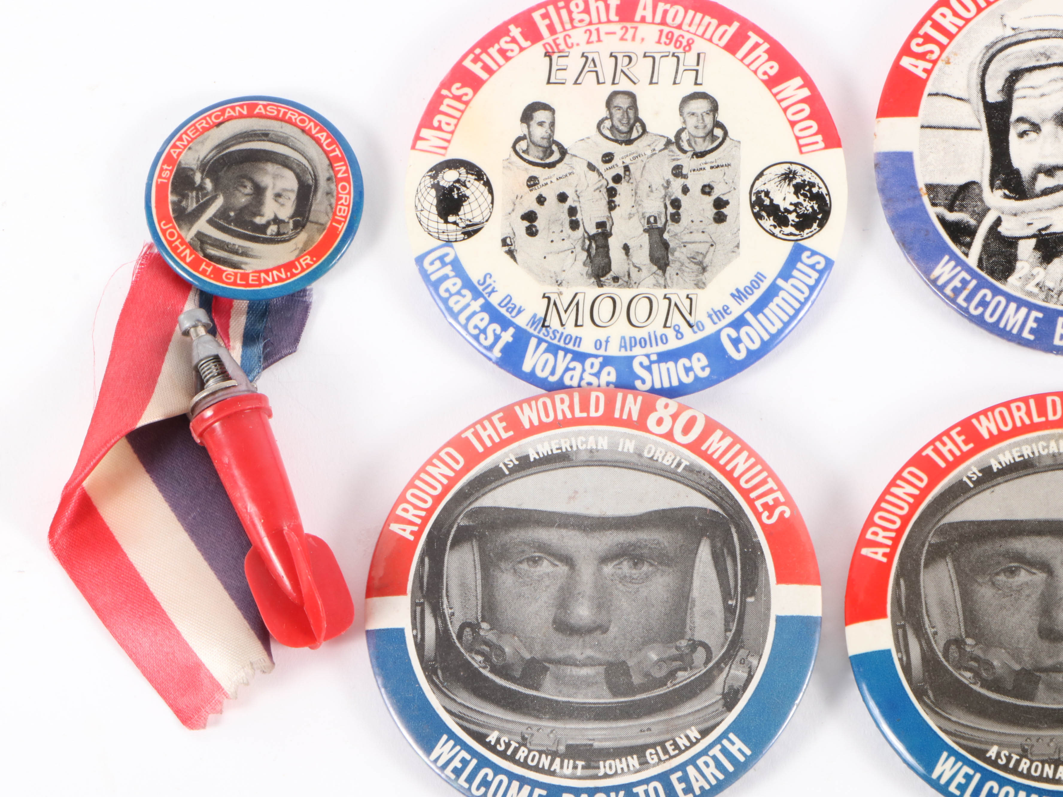 NASA Apollo 11, John Glenn, Apollo 8, and Gordon Cooper Pinbacks, 1960s
