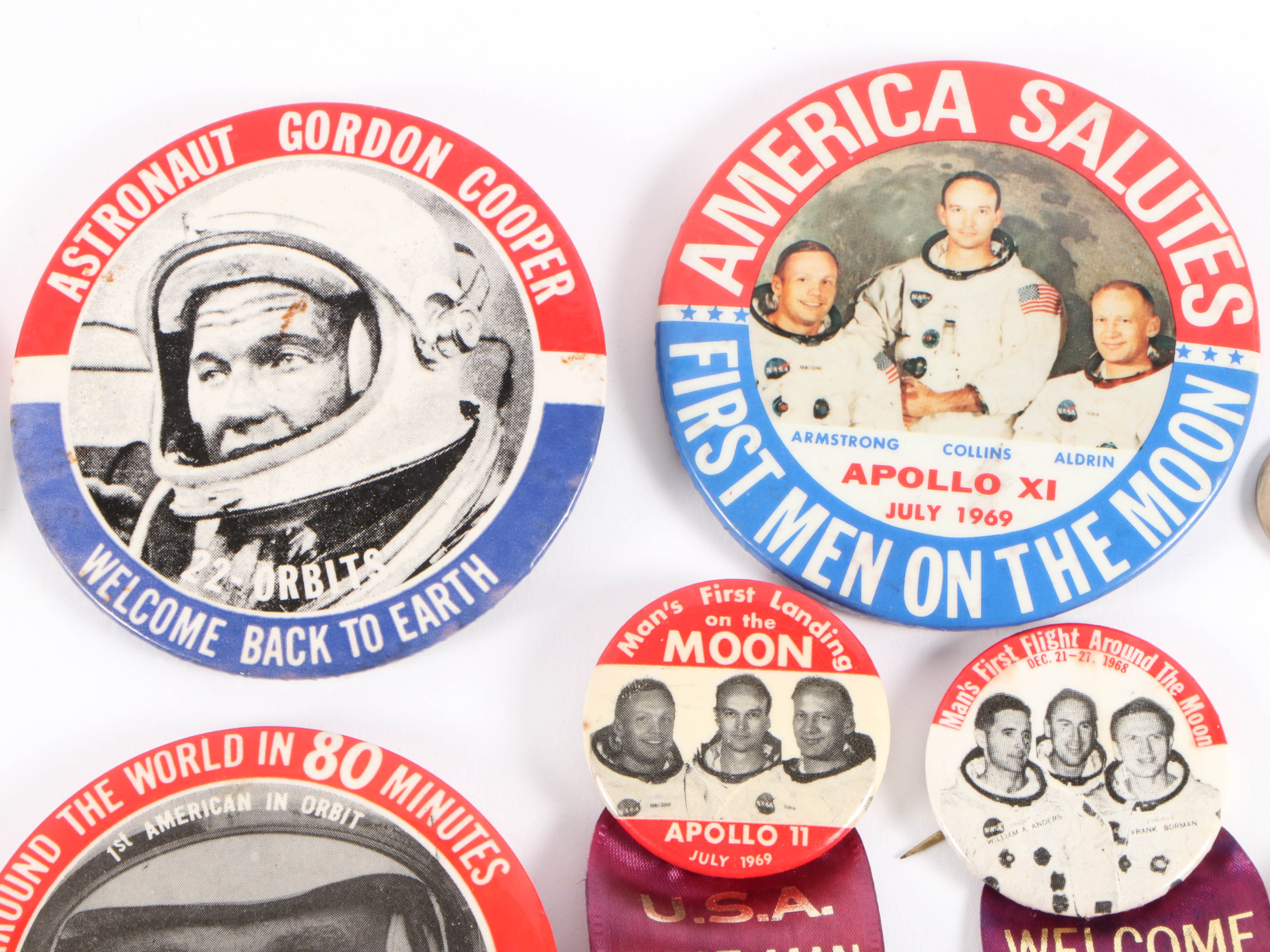 NASA Apollo 11, John Glenn, Apollo 8, and Gordon Cooper Pinbacks, 1960s