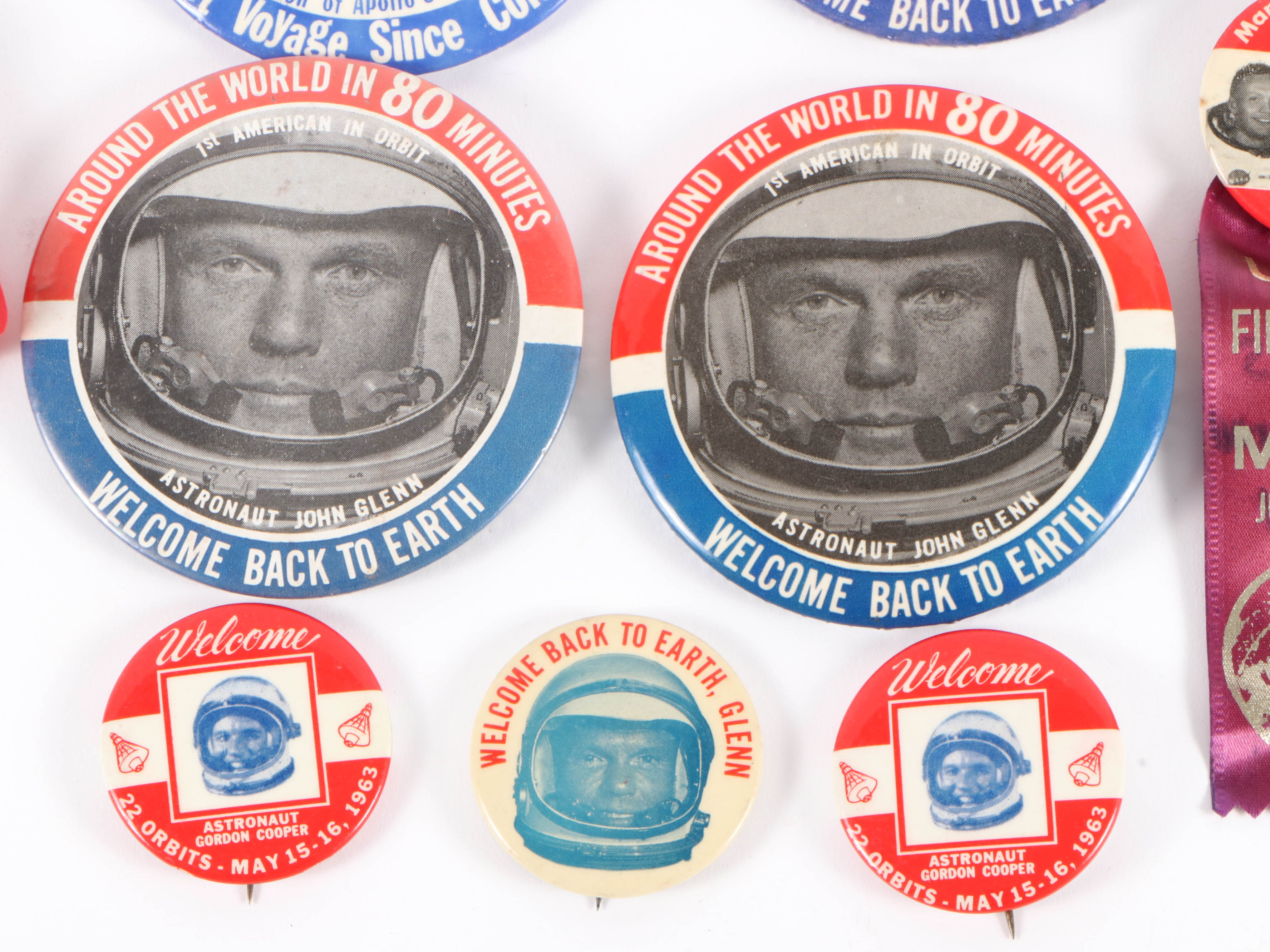 NASA Apollo 11, John Glenn, Apollo 8, and Gordon Cooper Pinbacks, 1960s