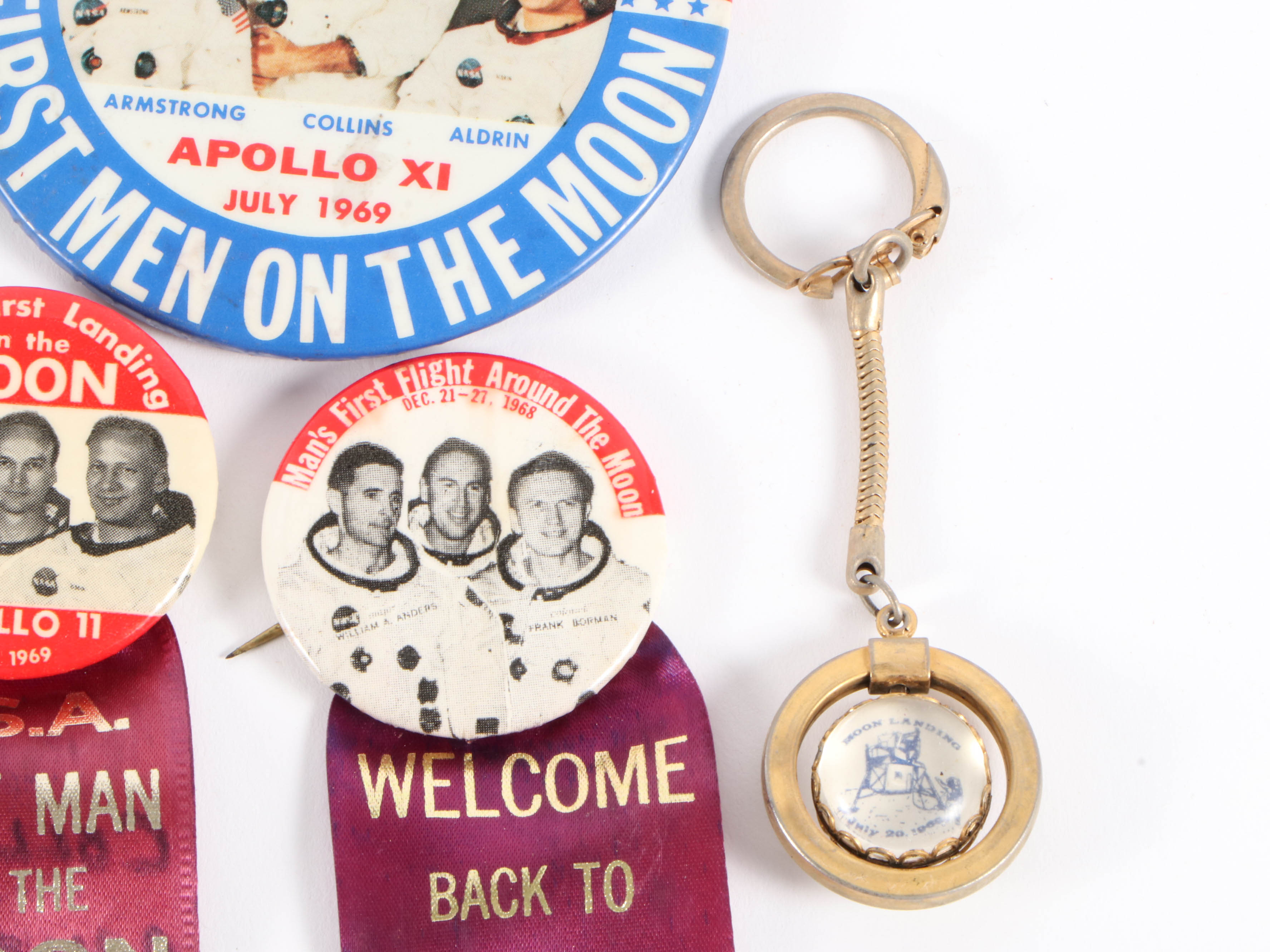 NASA Apollo 11, John Glenn, Apollo 8, and Gordon Cooper Pinbacks, 1960s