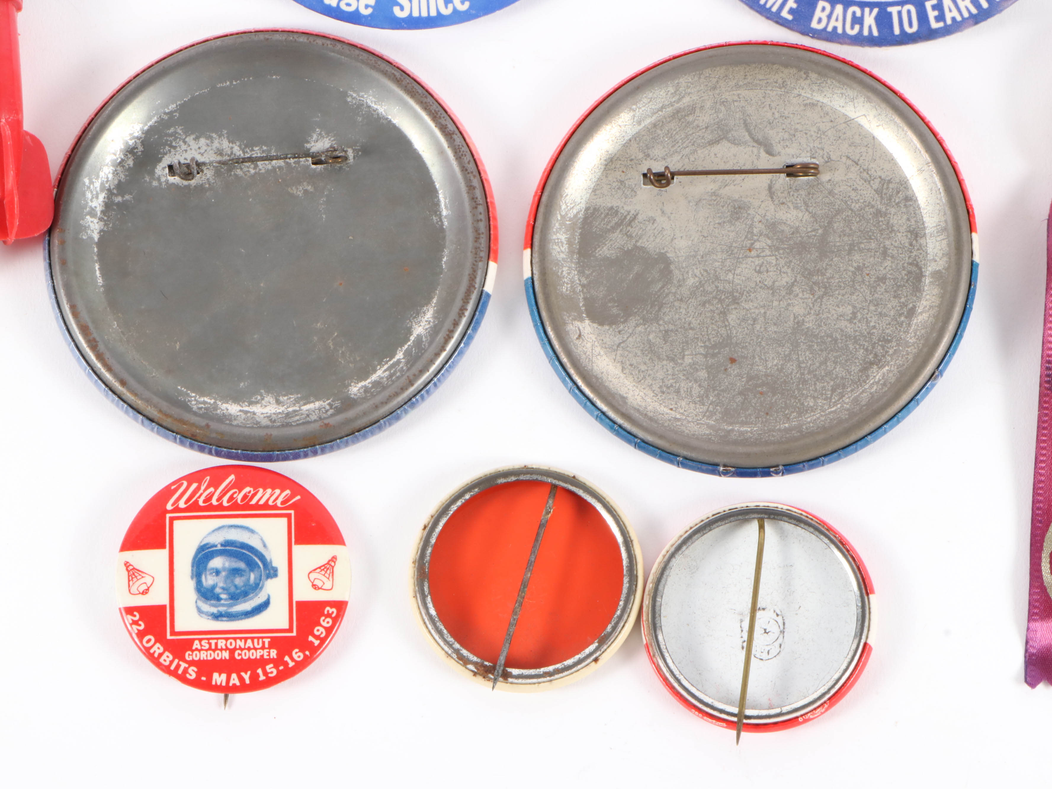 NASA Apollo 11, John Glenn, Apollo 8, and Gordon Cooper Pinbacks, 1960s